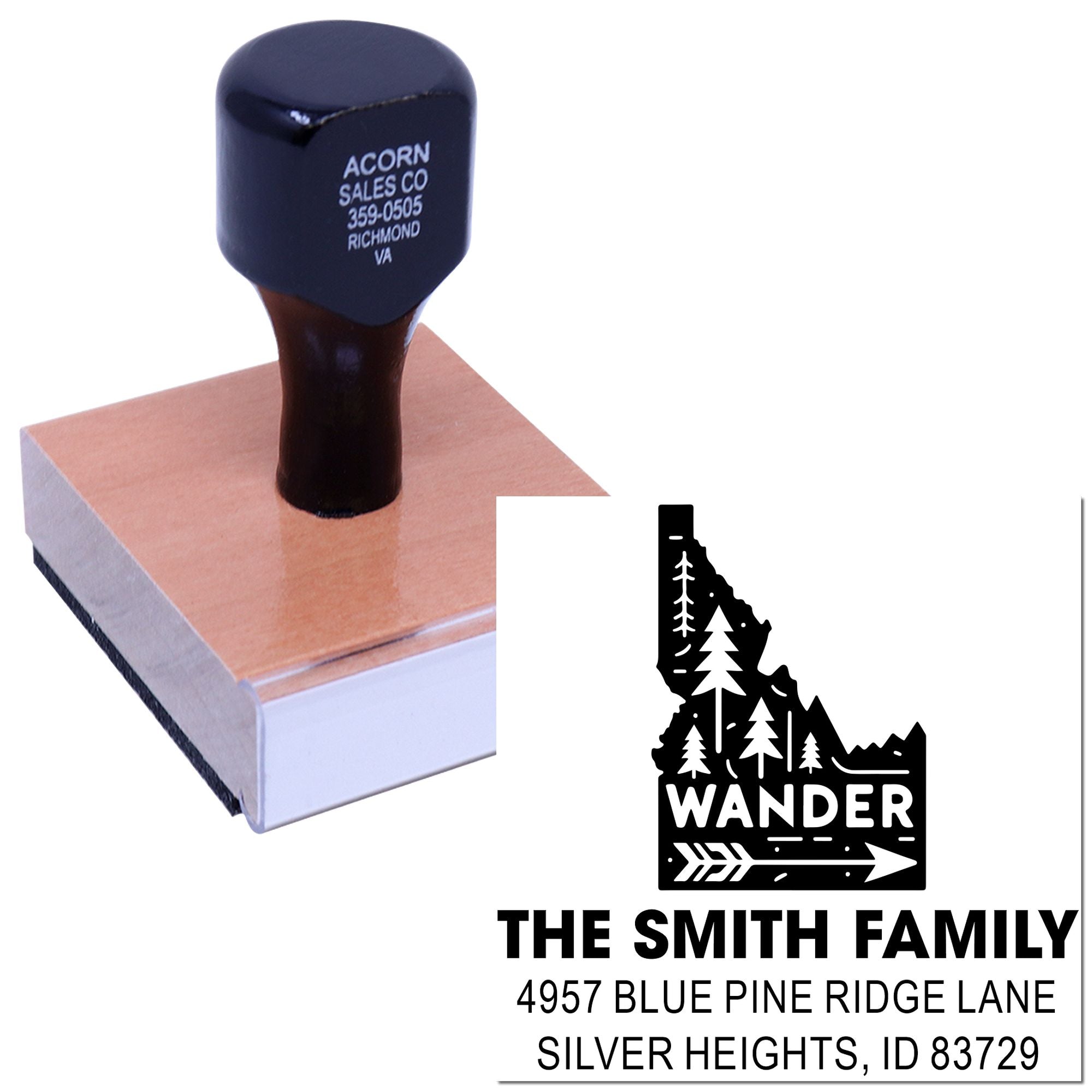 Custom rubber return address stamp with Idaho wander design for The Smith Family mailing labels