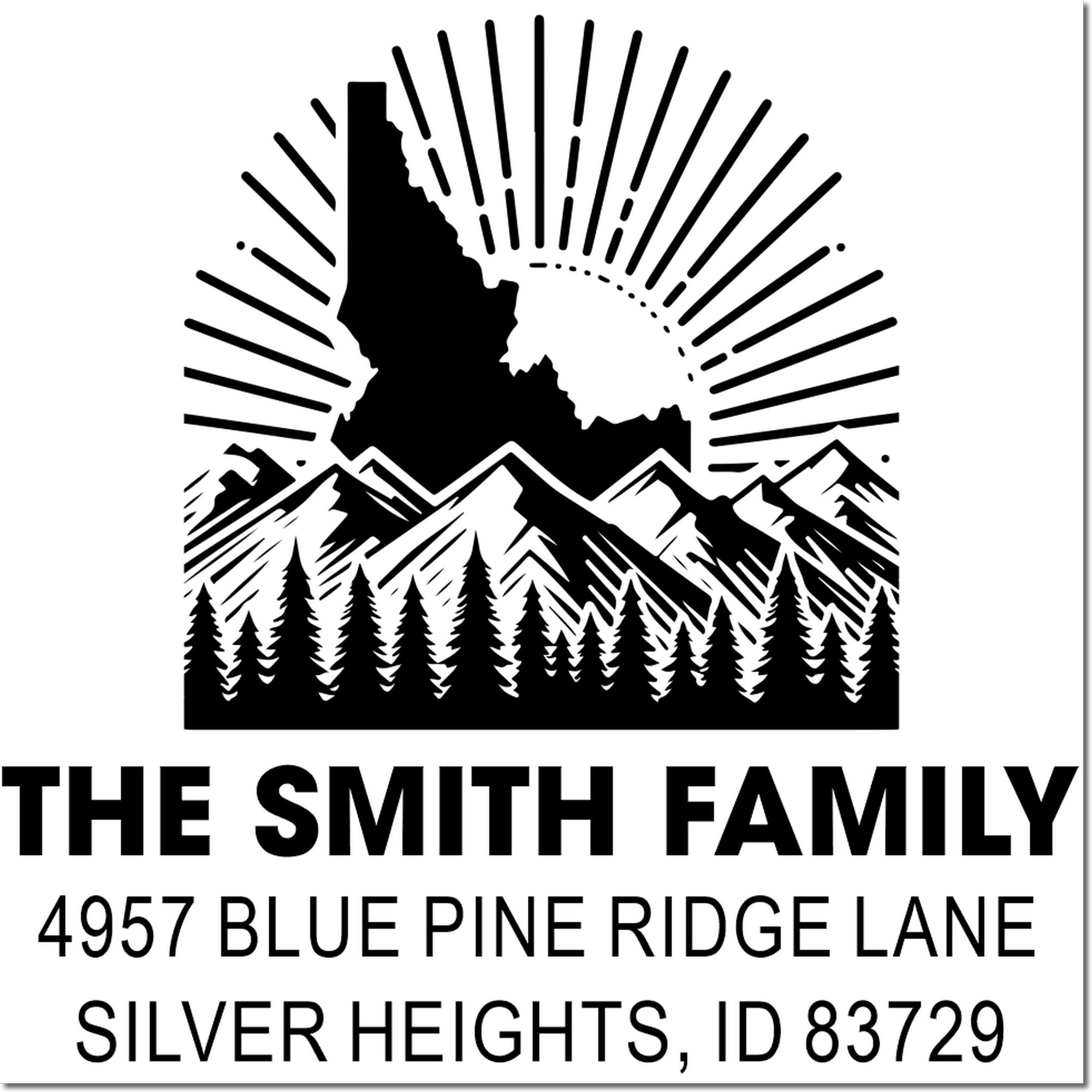 Personalized return address rubber stamp with mountain and pine tree design for The Smith Family, Silver Heights, Idaho.