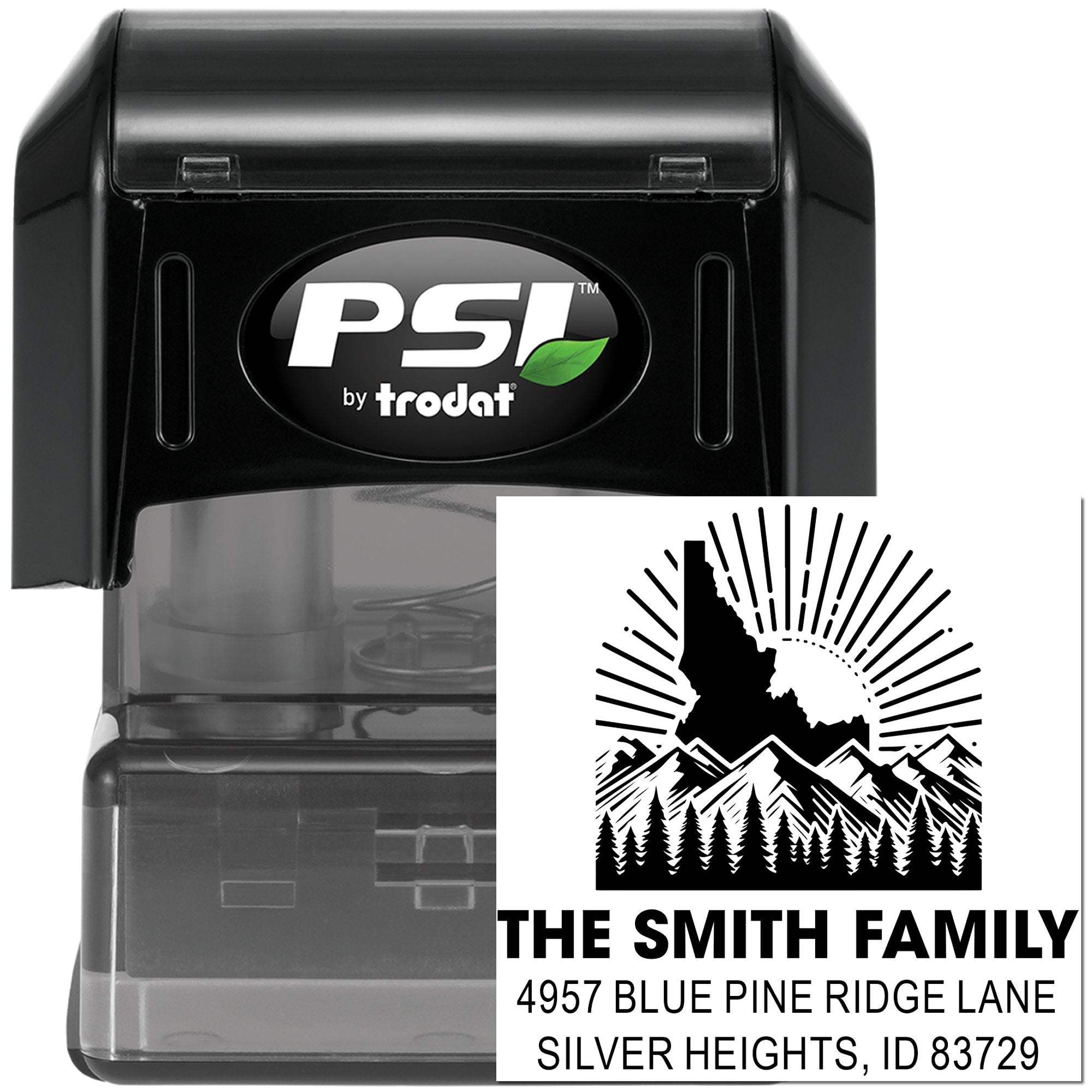 Personalized self-inking rubber address stamp by PSI by Trodat with mountain logo, family name, and return mailing address.