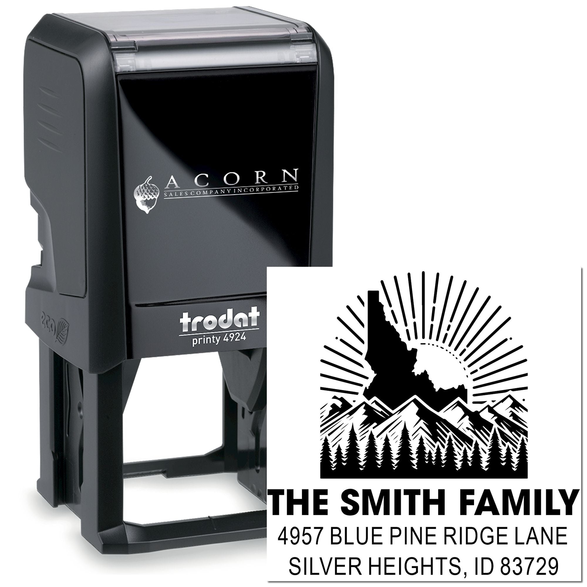 Trodat Printy 4924 custom self-inking rubber stamp for return addresses, featuring The Smith Family mountain logo design.
