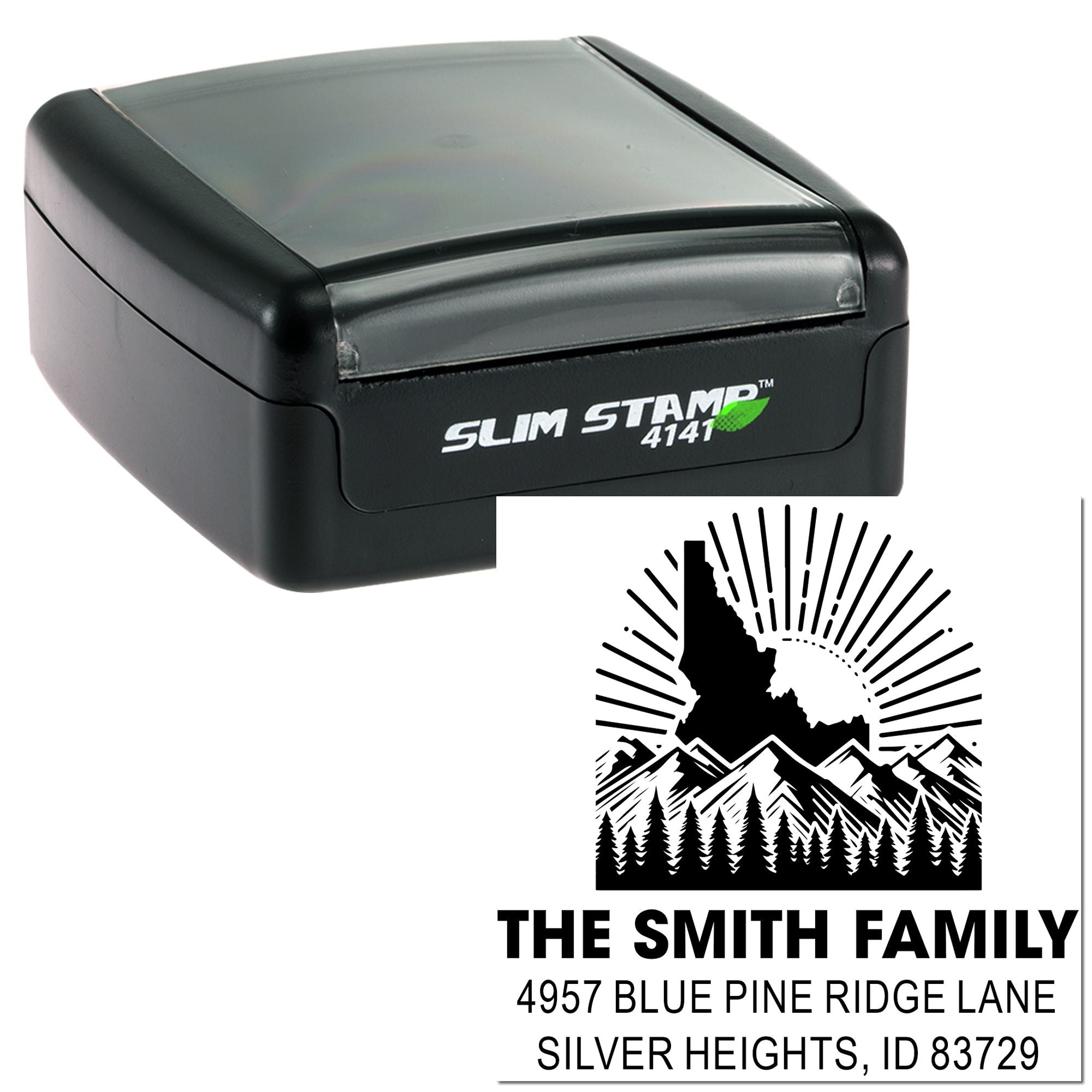 Custom self-inking rubber return address stamp with mountain logo, family name, and mailing address for personalized envelopes.