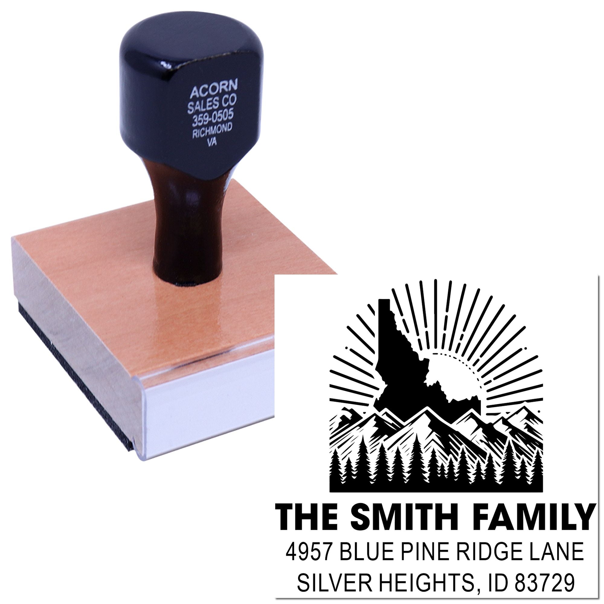 Custom rubber address stamp with mountain logo and family name, perfect for personalized return addresses and home mailings.
