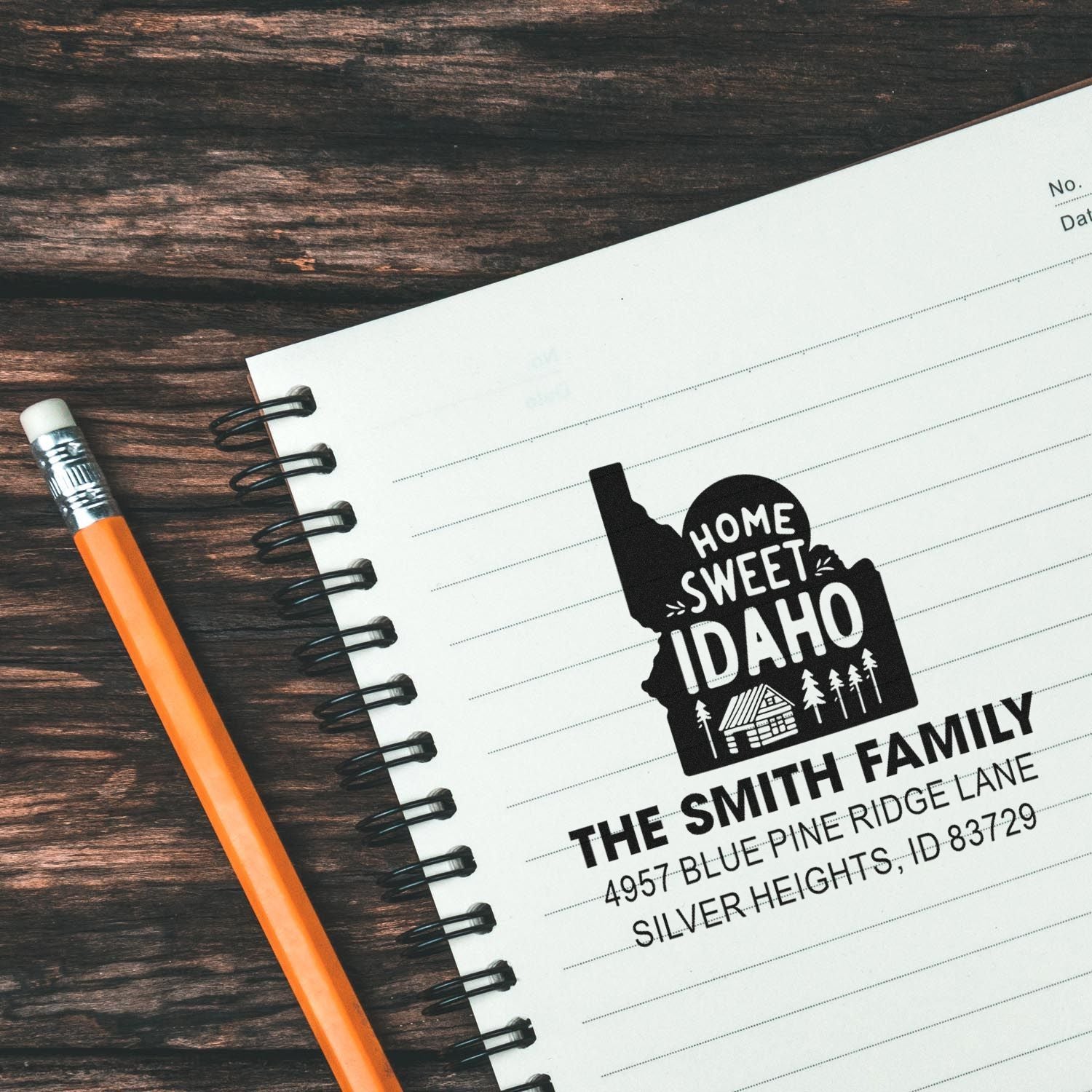 Custom Idaho return address rubber stamp for family mail and personalized envelopes with Home Sweet Idaho design.