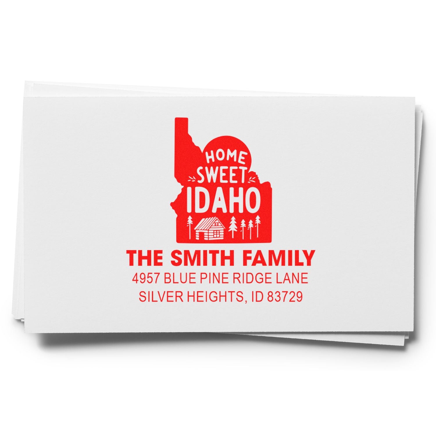 Custom return address rubber stamp with Home Sweet Idaho design for The Smith Family, Silver Heights, ID.