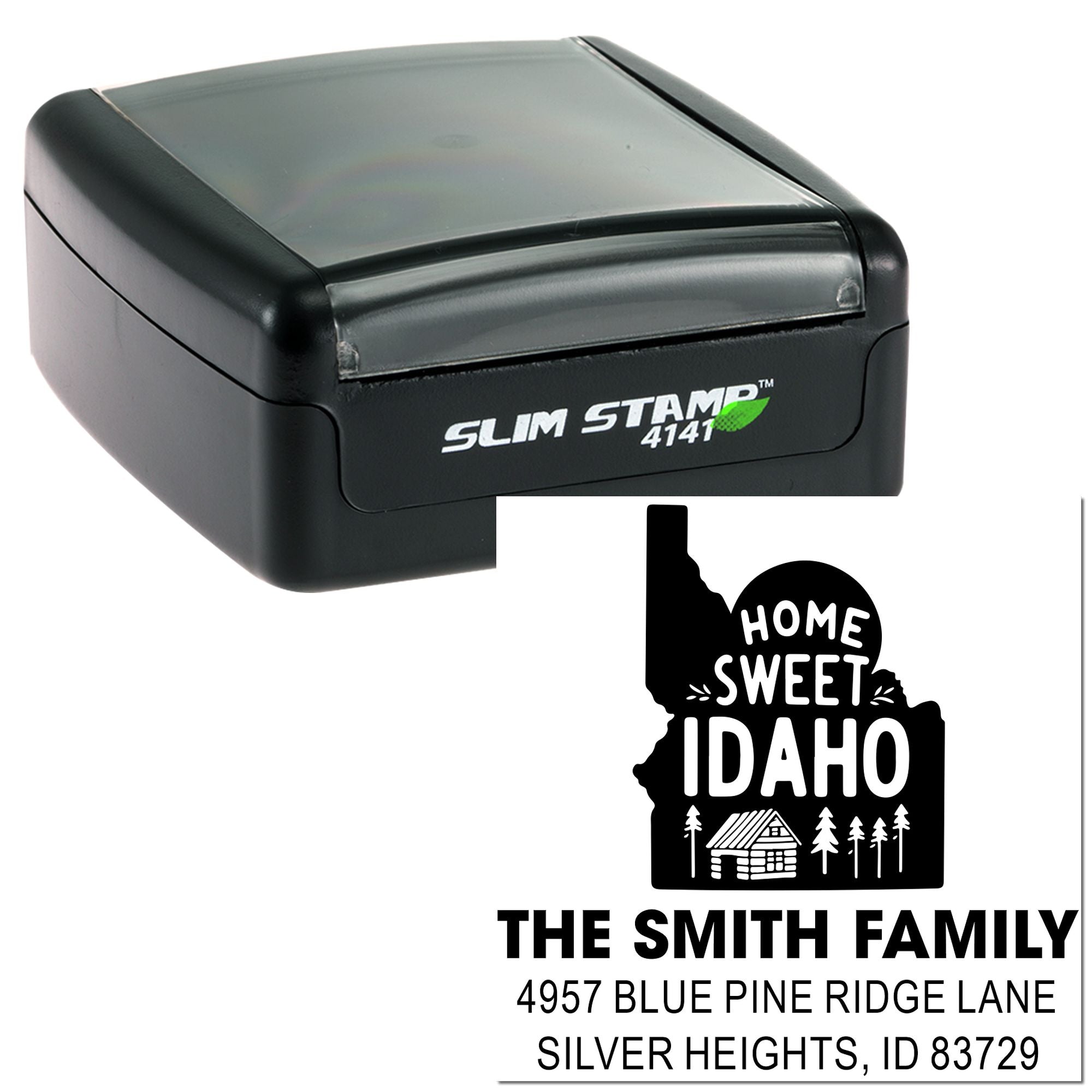 Custom Idaho address rubber stamp with Home Sweet Idaho design and family name for self-inking mail, envelopes, and returns.