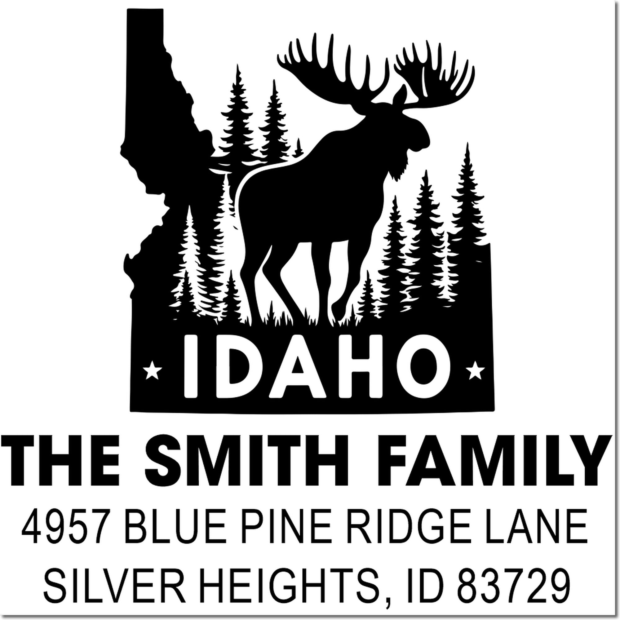 Custom Idaho return address rubber stamp with moose, pine trees, family name, and Silver Heights address.