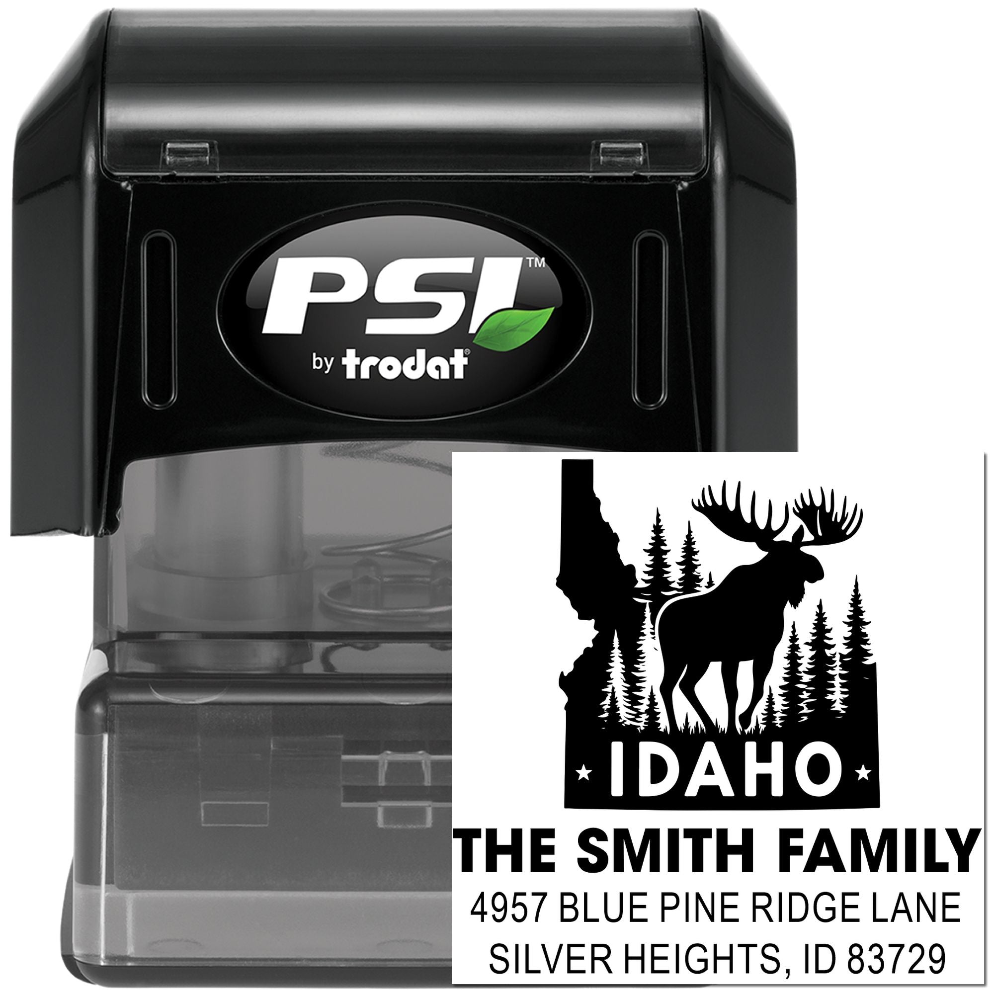 Custom self-inking rubber address stamp with Idaho moose design, PSI by Trodat, for family return mail.