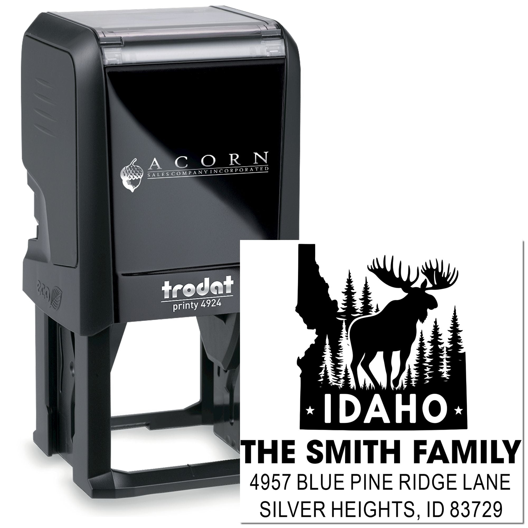 Custom Idaho self-inking rubber address stamp with moose and pine trees, Trodat Printy 4924 for The Smith family home use