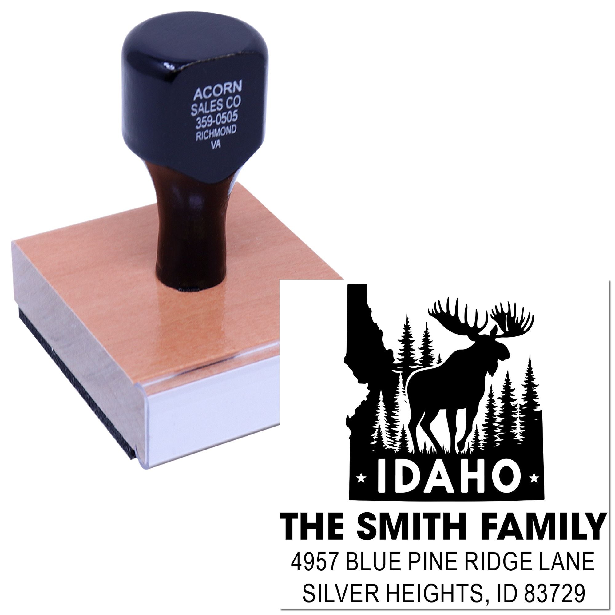 Custom Idaho address rubber stamp with moose design and family name, shown on wood handle for personalized mailing.
