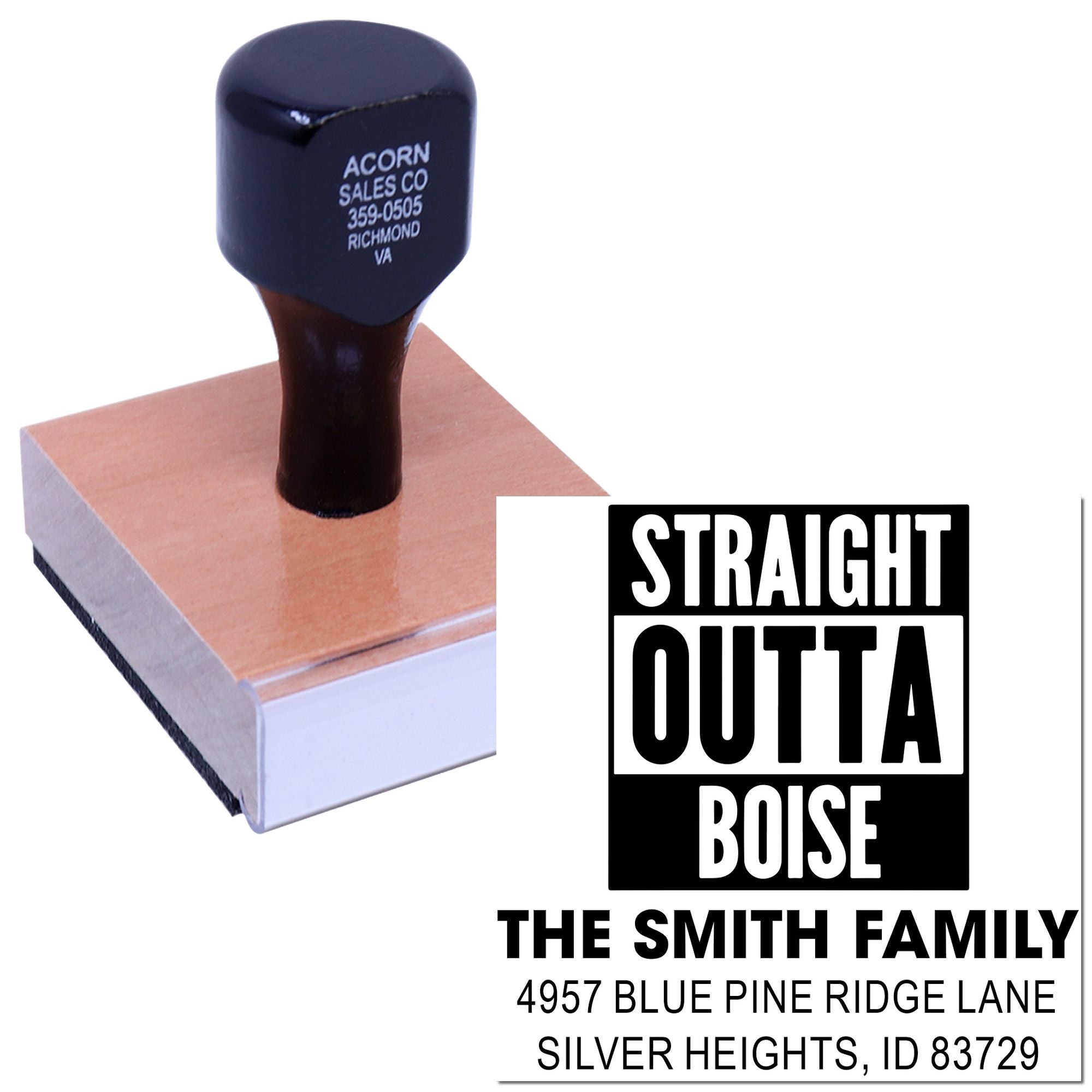 Custom rubber address stamp with Straight Outta Boise family design and sample imprint for The Smith Family.