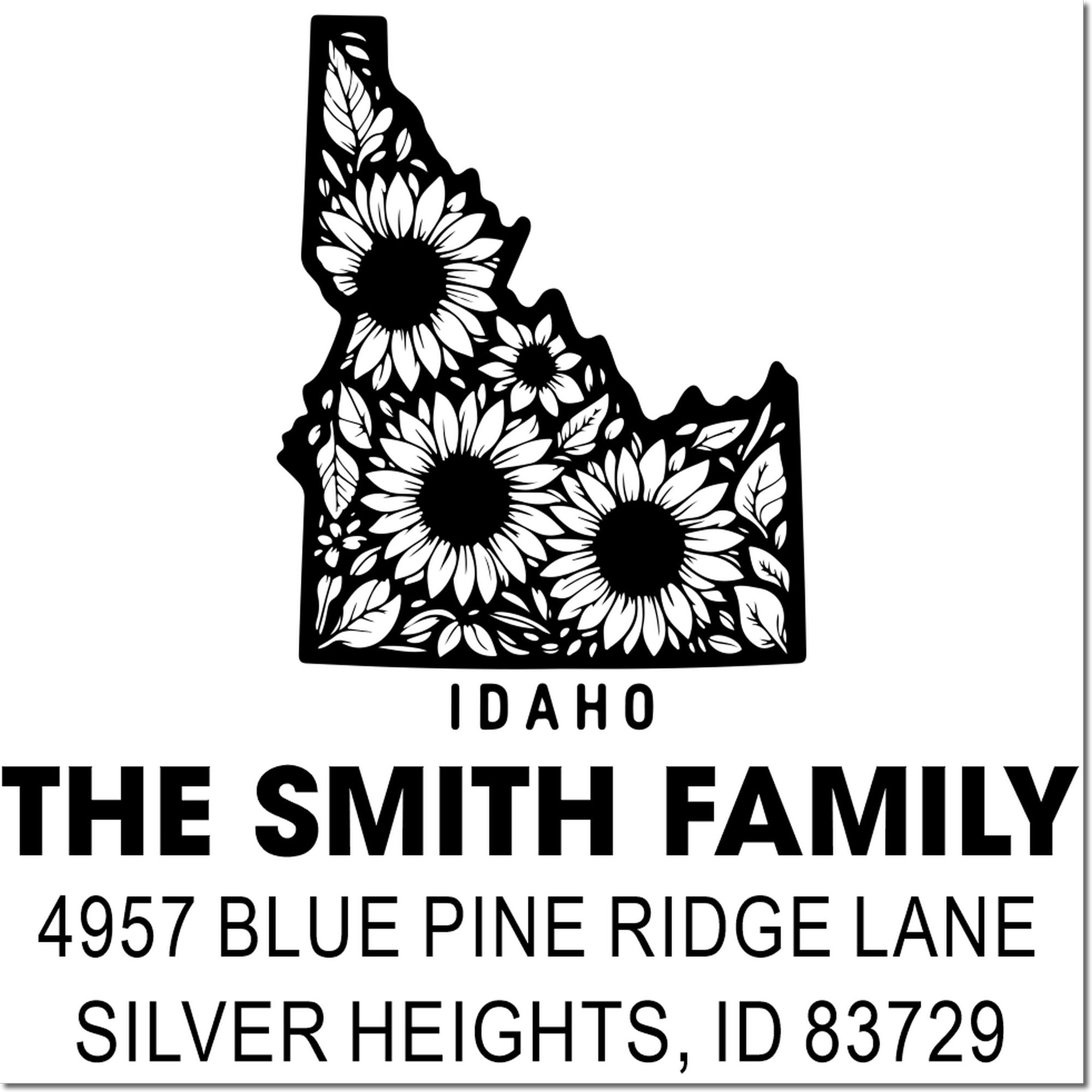 Custom Idaho sunflower address rubber stamp with family name and return mailing address.