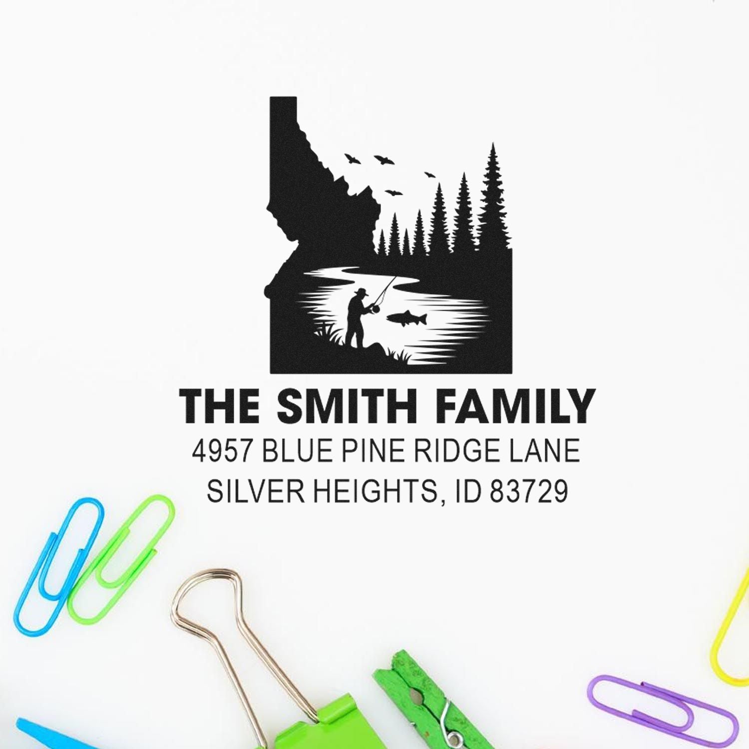 Custom family return address rubber stamp with Idaho fishing scene, Smith family name, and Silver Heights, ID address.