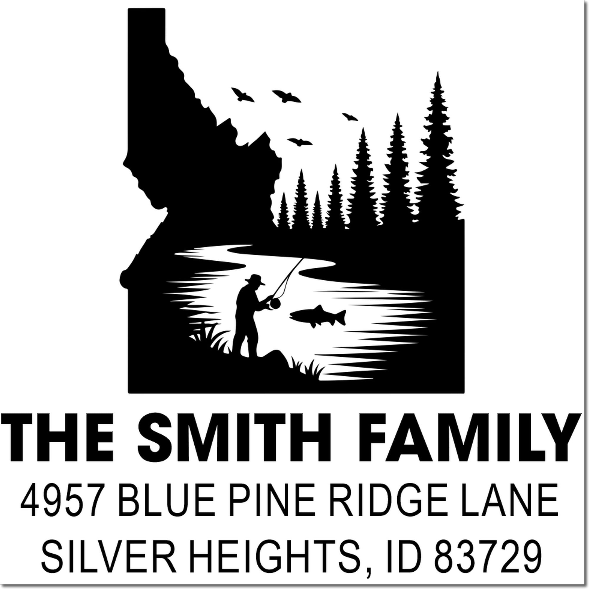 Custom fishing-themed family address stamp for The Smith Family, featuring river, pine trees, and Idaho address.