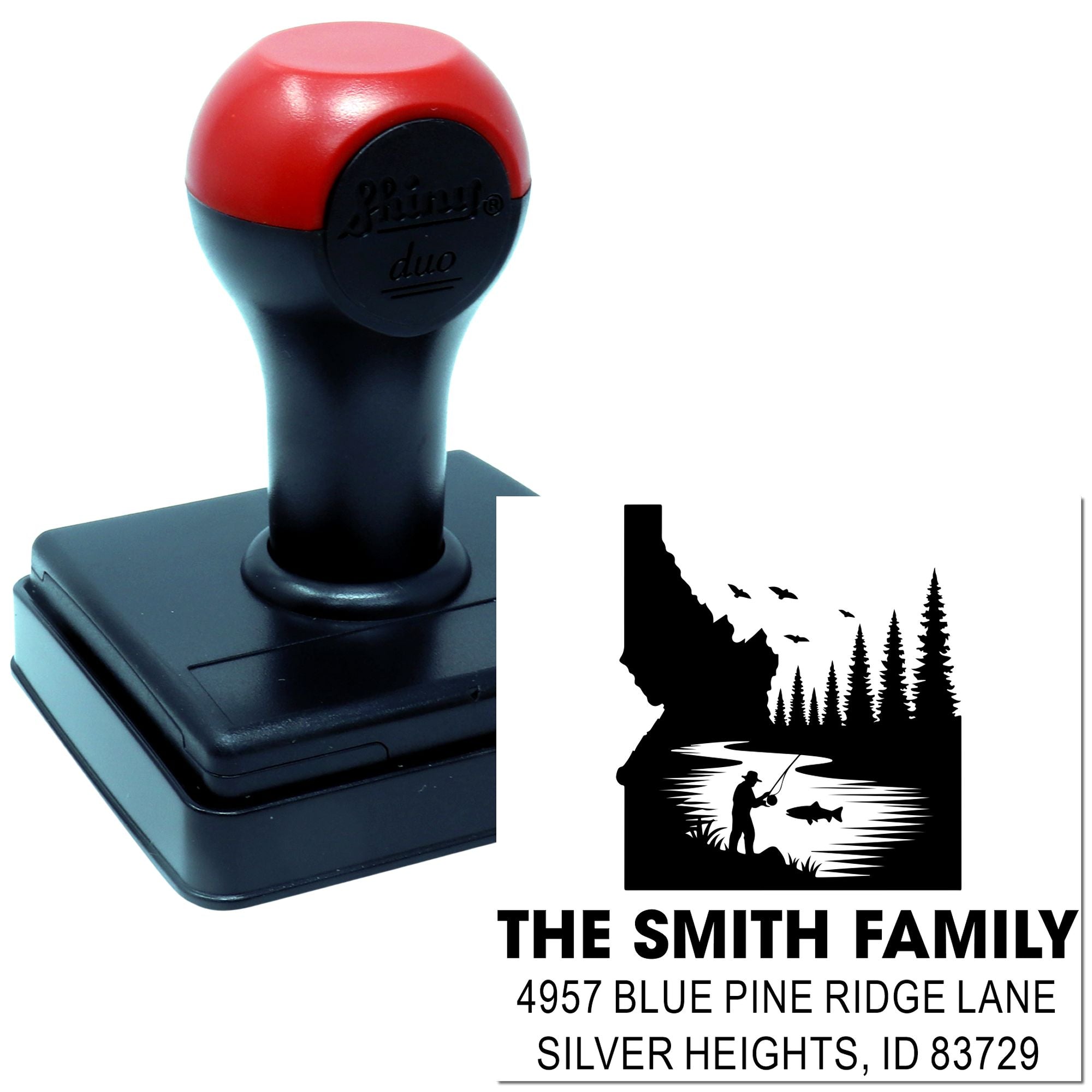 Custom address rubber stamp with fishing scene logo for personalized family return addresses and mailings