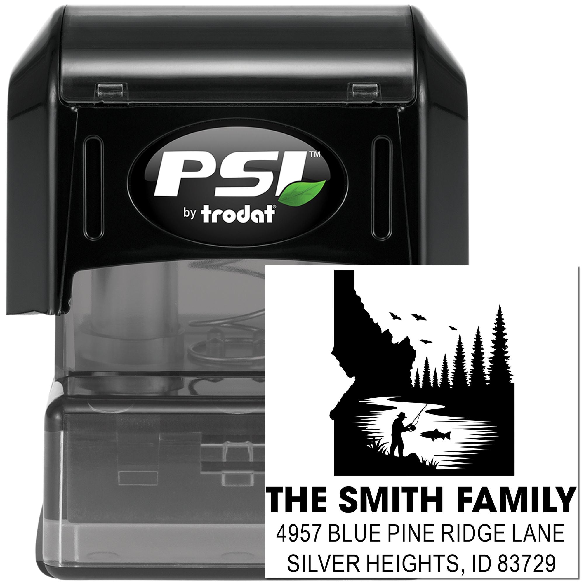 Custom PSI Trodat self-inking rubber address stamp with fishing scene and The Smith Family return address.