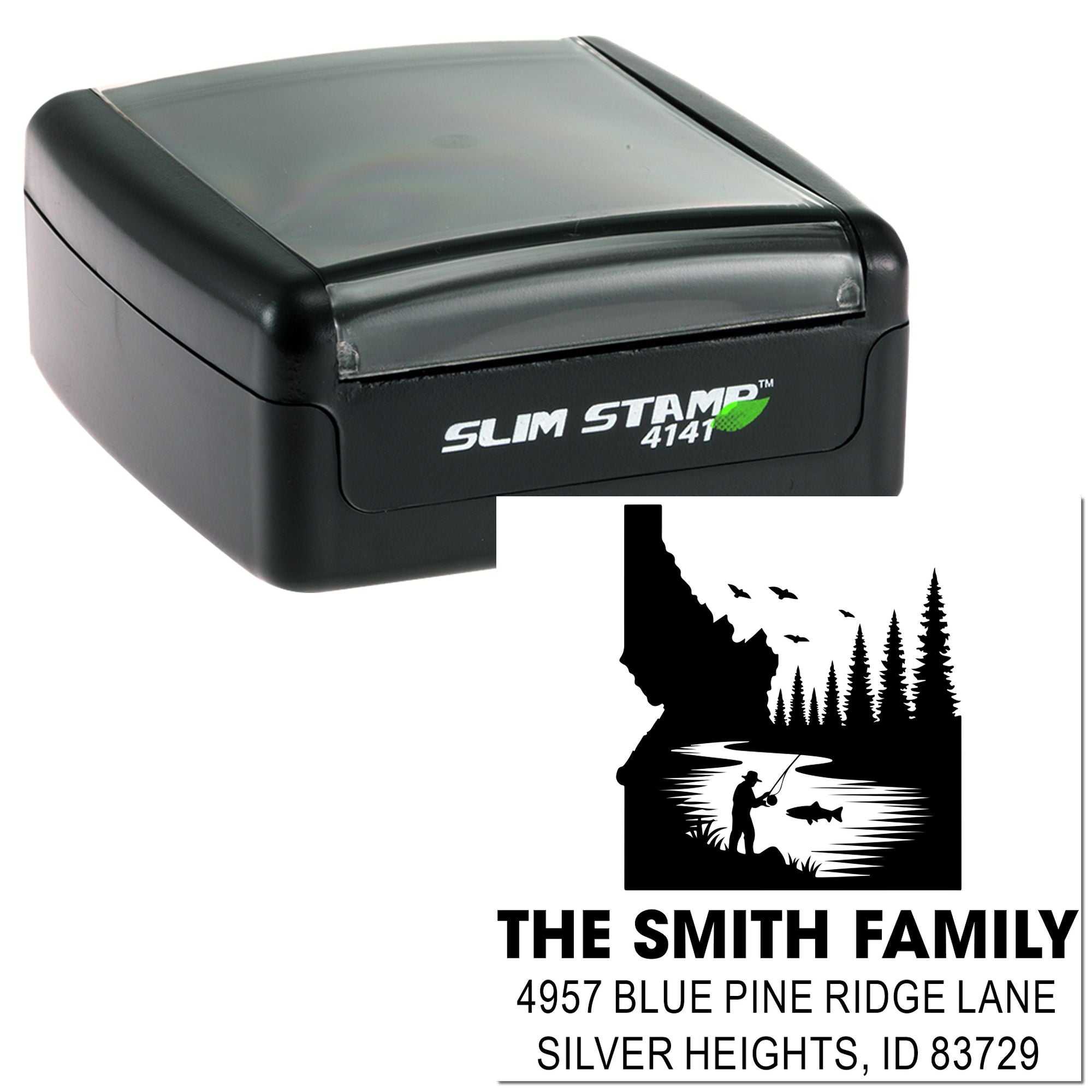 Custom Slim Stamp 4141 rubber stamp with fishing-themed return address design for The Smith Family in Silver Heights, Idaho.