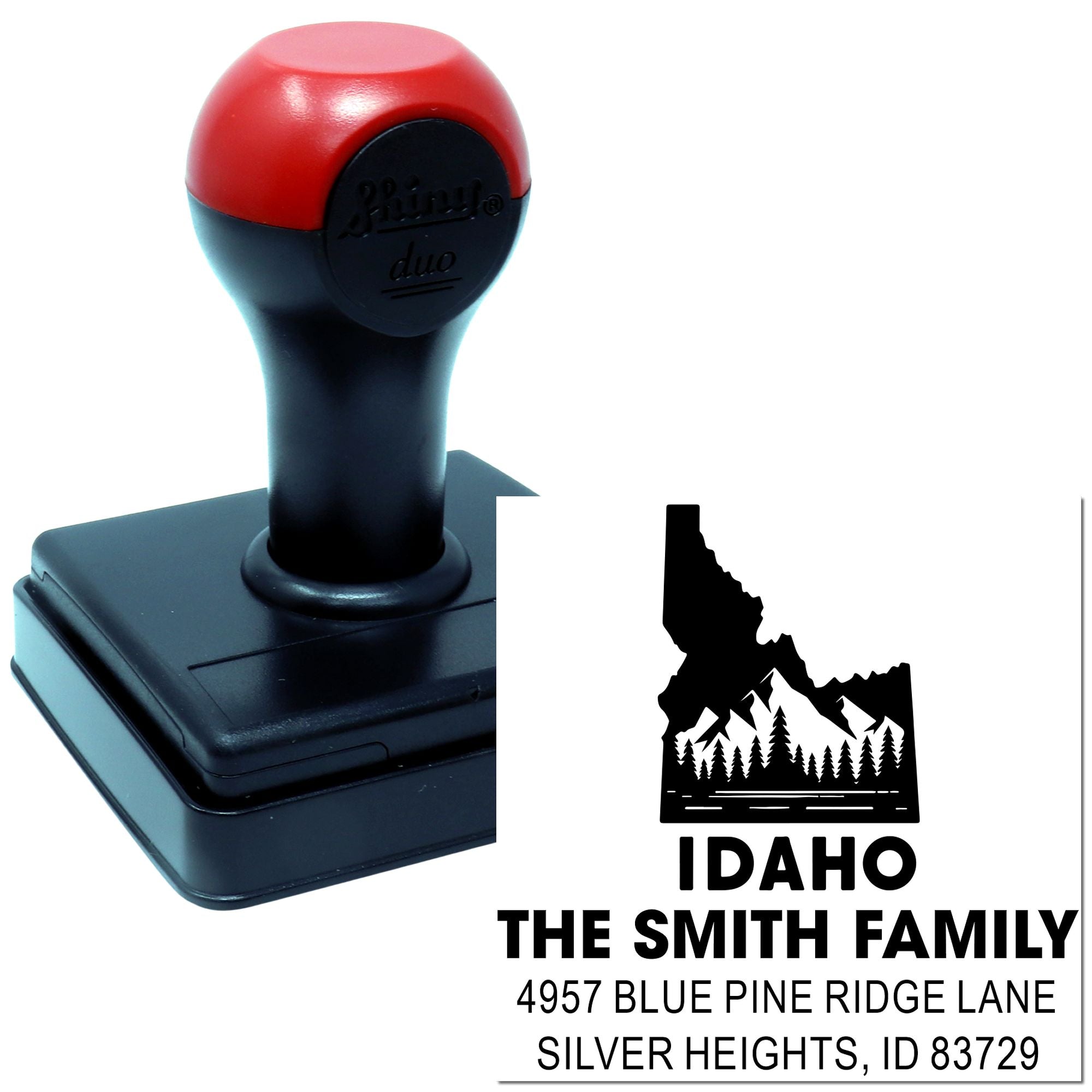 Idaho family address rubber stamp with custom mountain design, The Smith Family return address, and Silver Heights, ID details.