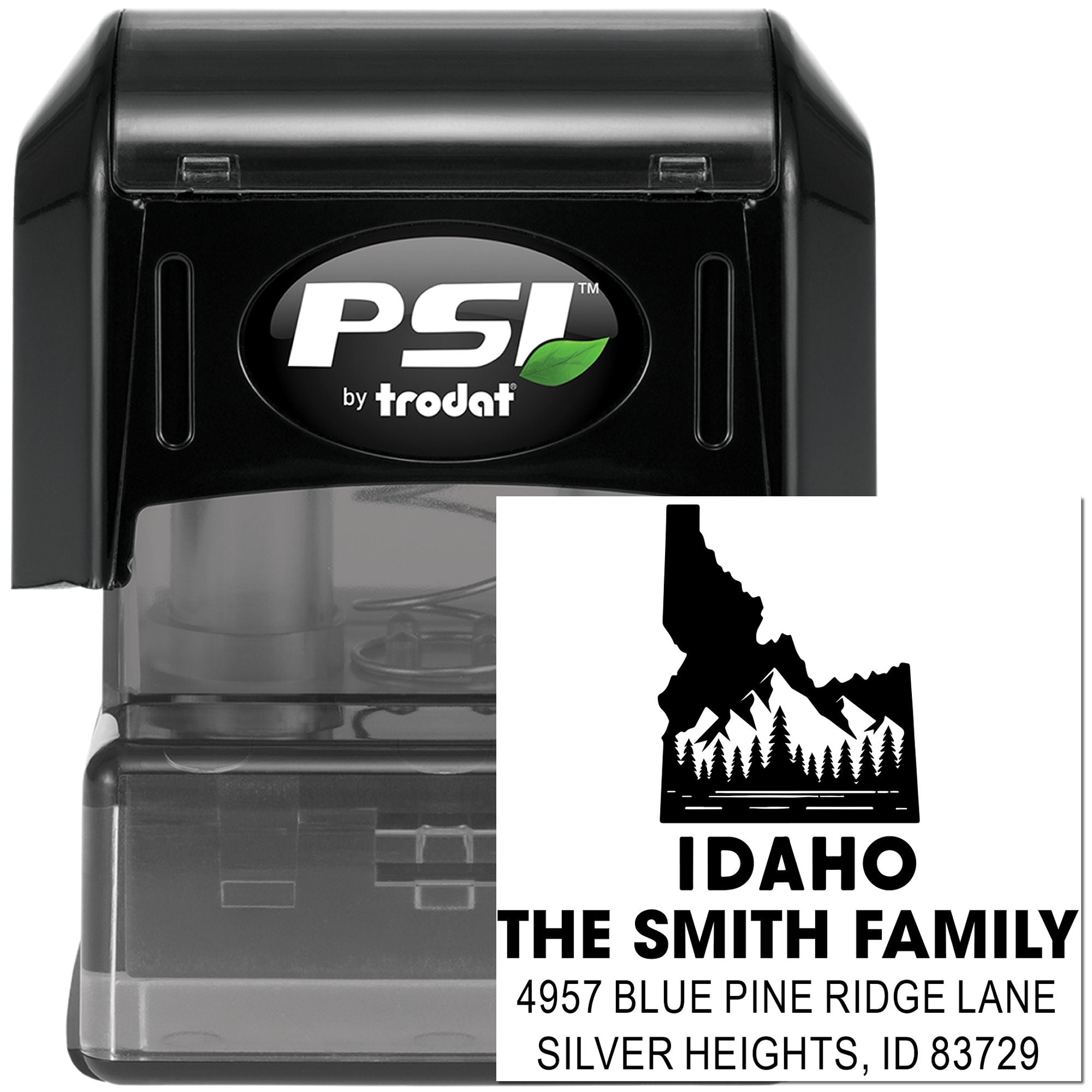 Custom self-inking rubber address stamp with Idaho design, family name, and return address by PSI Trodat