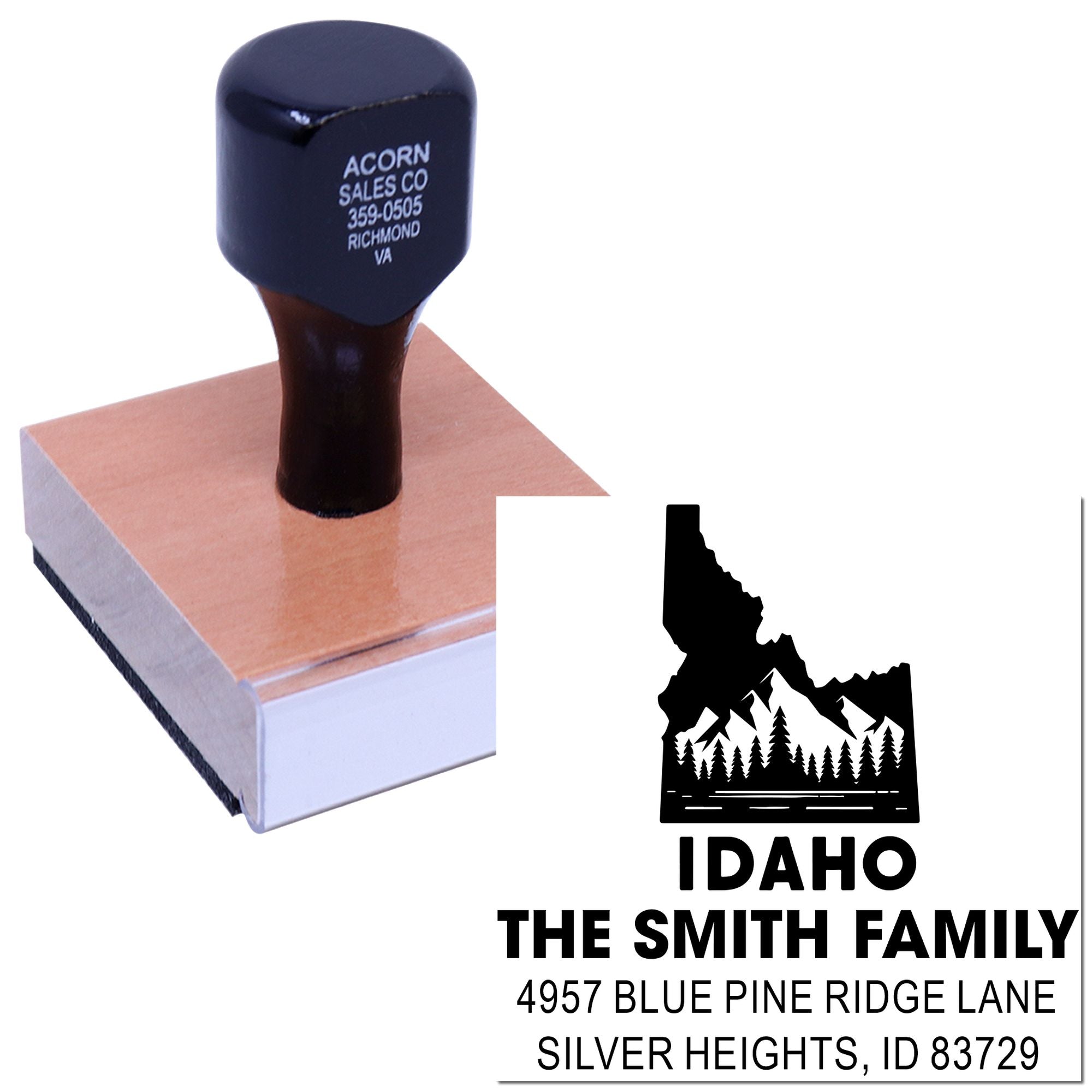 Custom Idaho return address rubber stamp with mountain tree logo for The Smith Family mailing address.