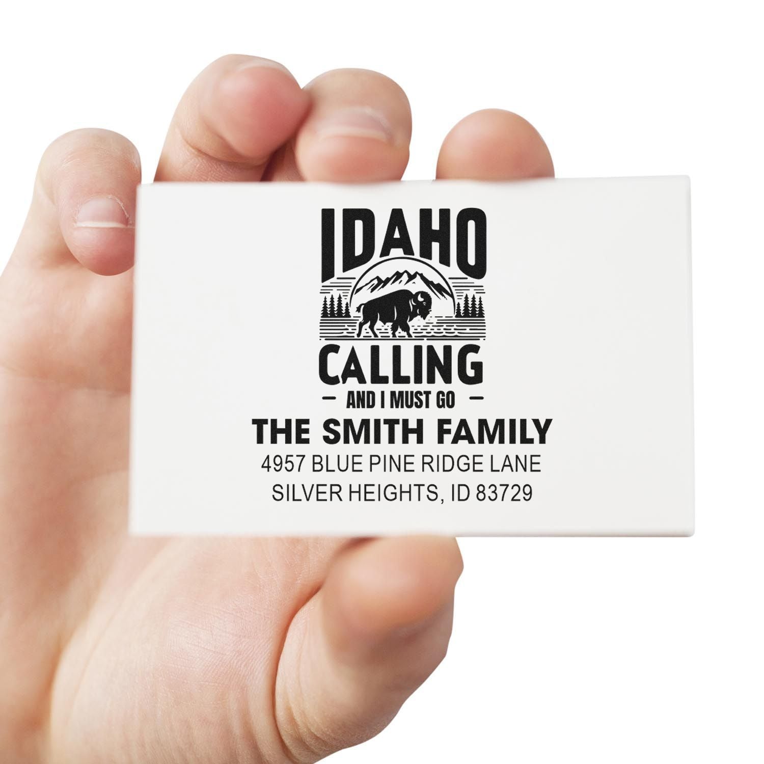 Custom Idaho return address rubber stamp with family name, bison design, and personalized mailing address for envelopes.