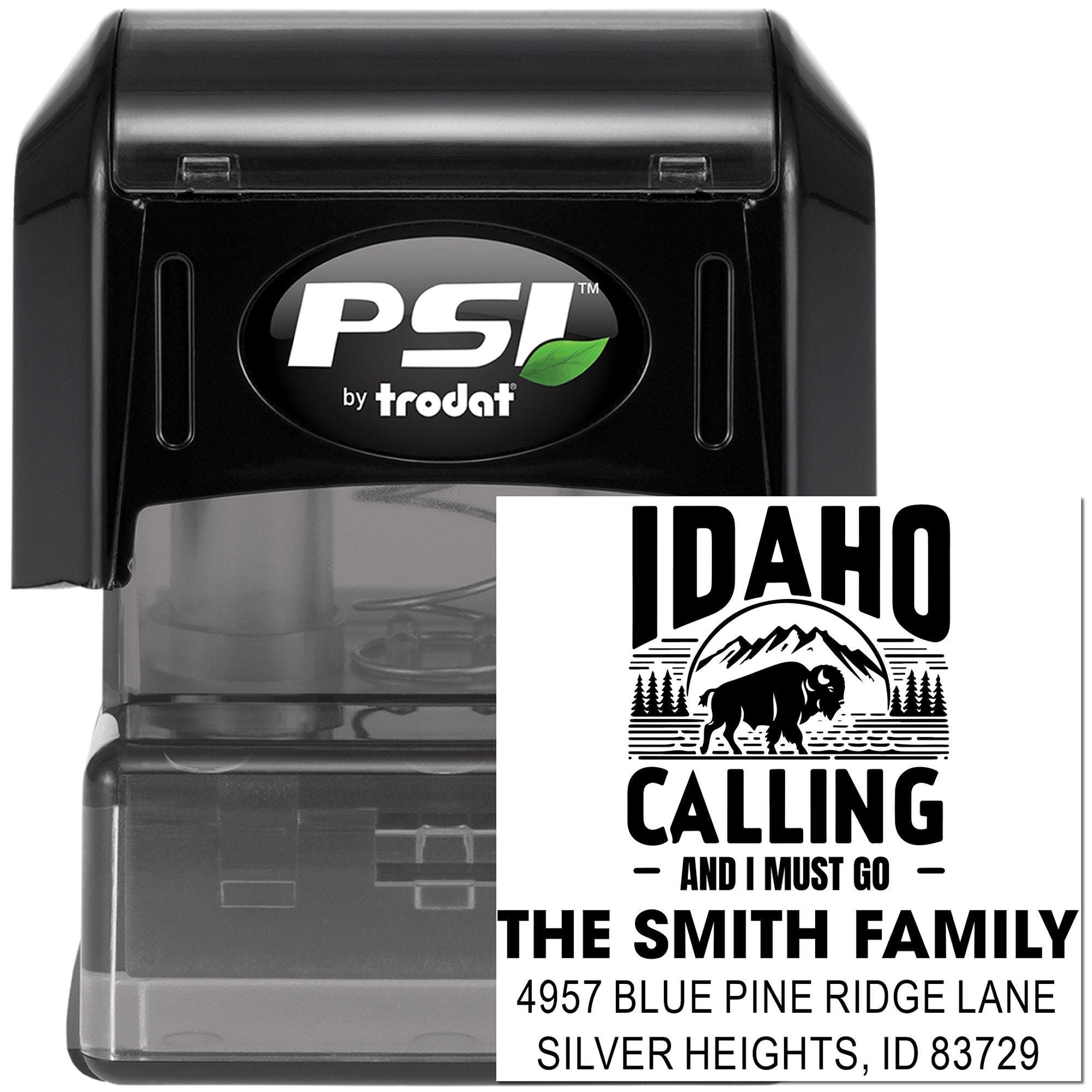 Self-inking PSI by Trodat custom return address rubber stamp with Idaho Calling design for family mail and stationery.