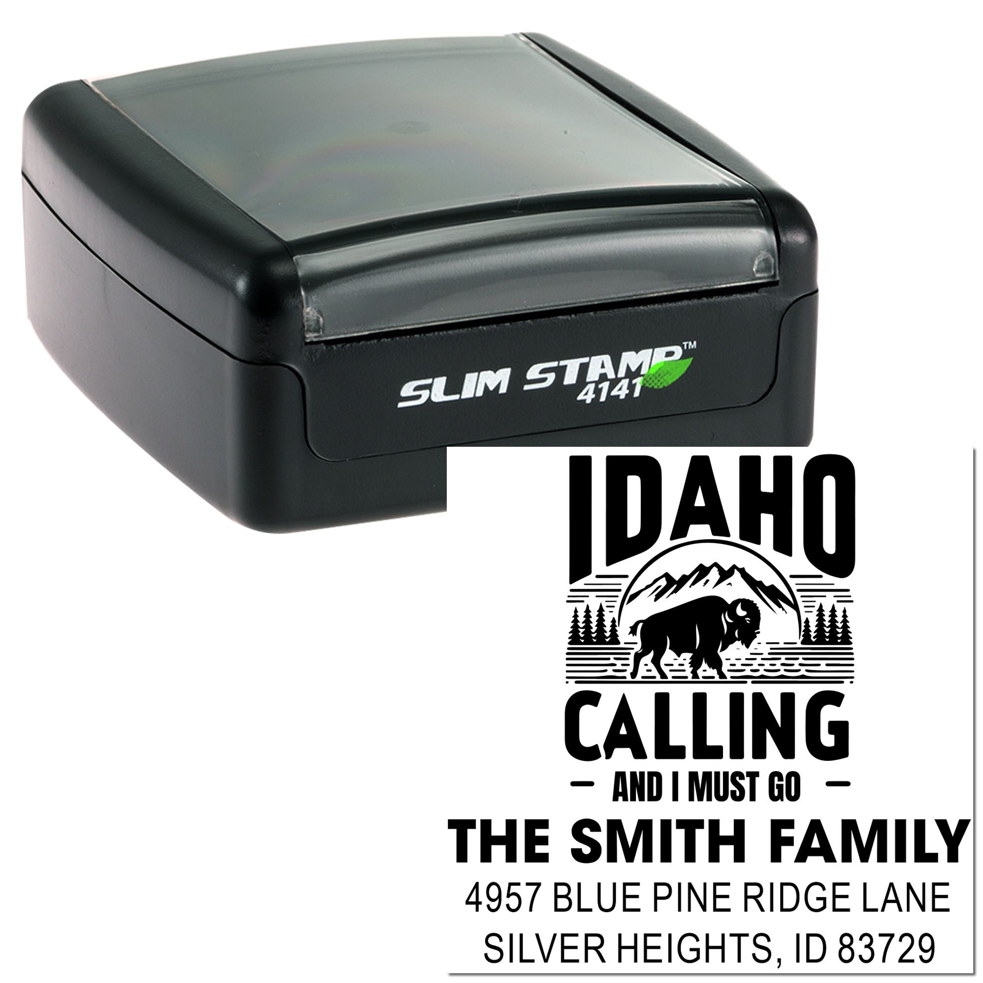 Custom self-inking rubber address stamp with Idaho Calling design, family name, and return mailing address