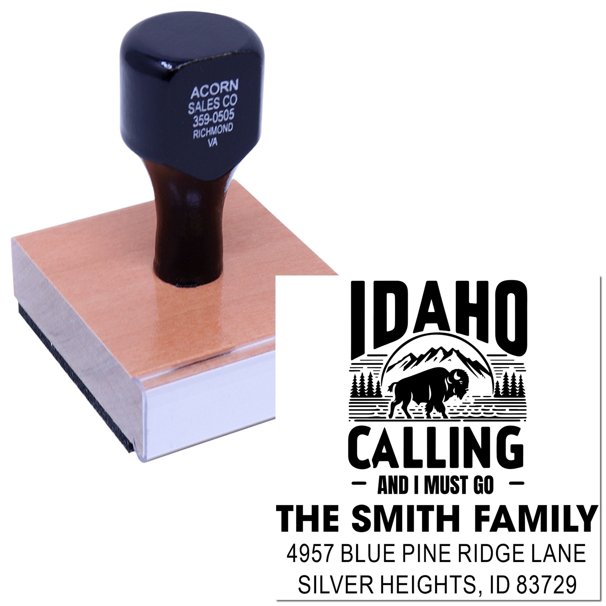 Custom Idaho Calling rubber address stamp with The Smith Family name and Silver Heights, ID return address.