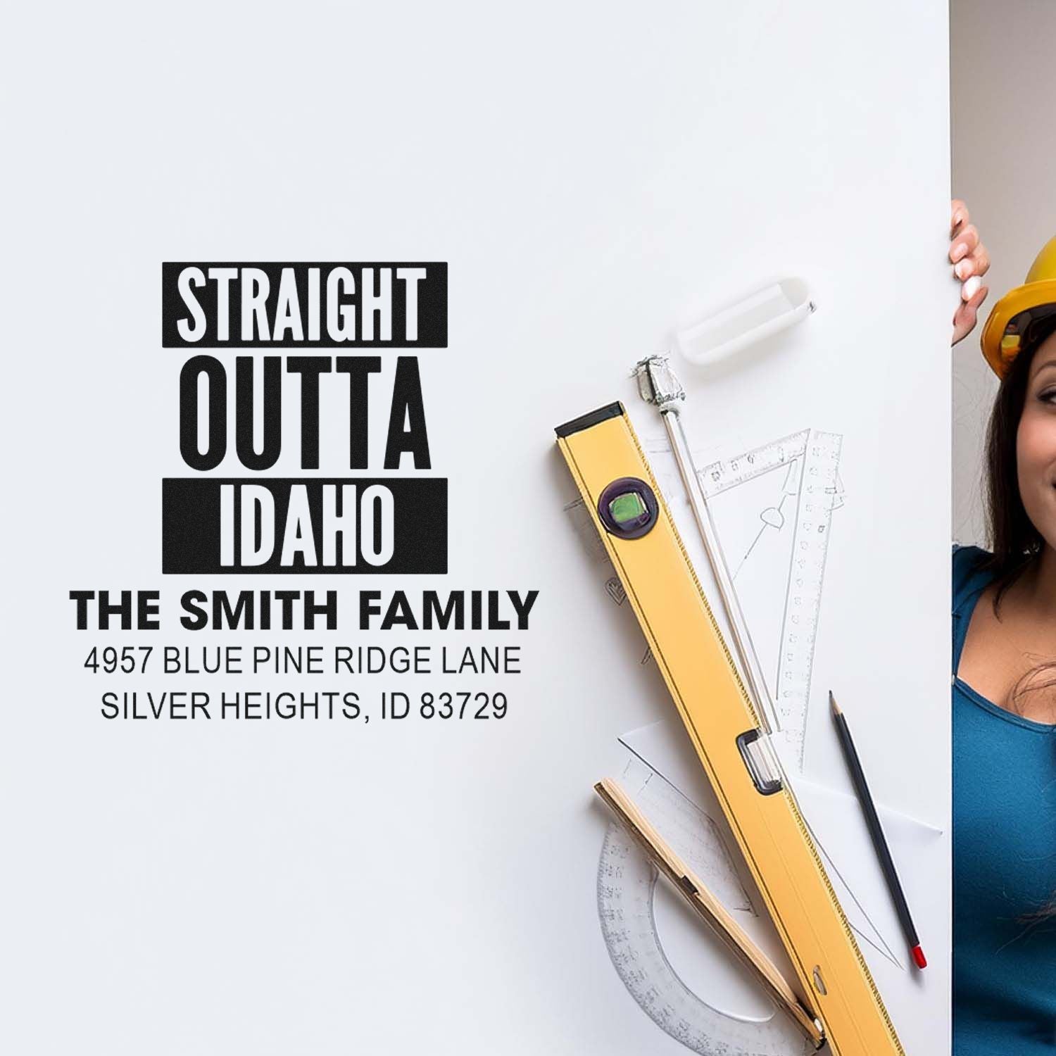 Custom return address rubber stamp featuring a Straight Outta Idaho design for The Smith Family in Silver Heights, ID.