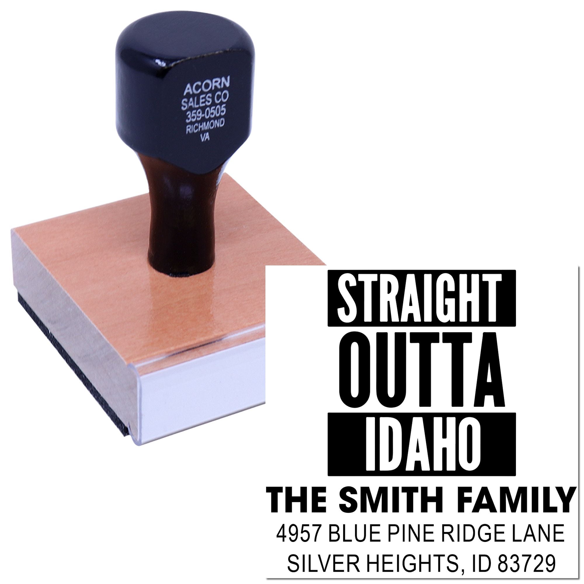 Custom Straight Outta Idaho rubber stamp with family name and return address for personalized mailings