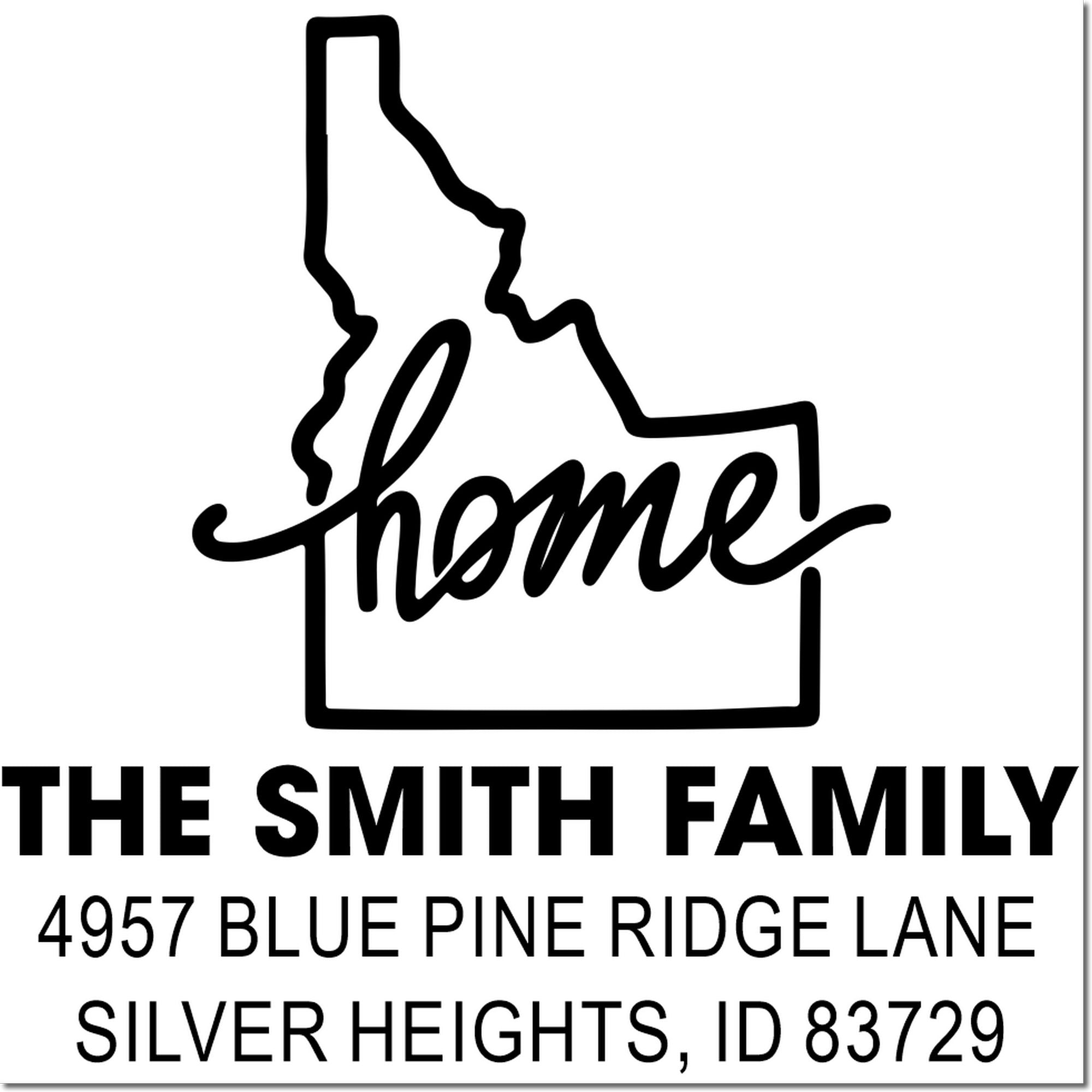 Custom Idaho home address rubber stamp for The Smith family, featuring state outline and Silver Heights, ID return address.