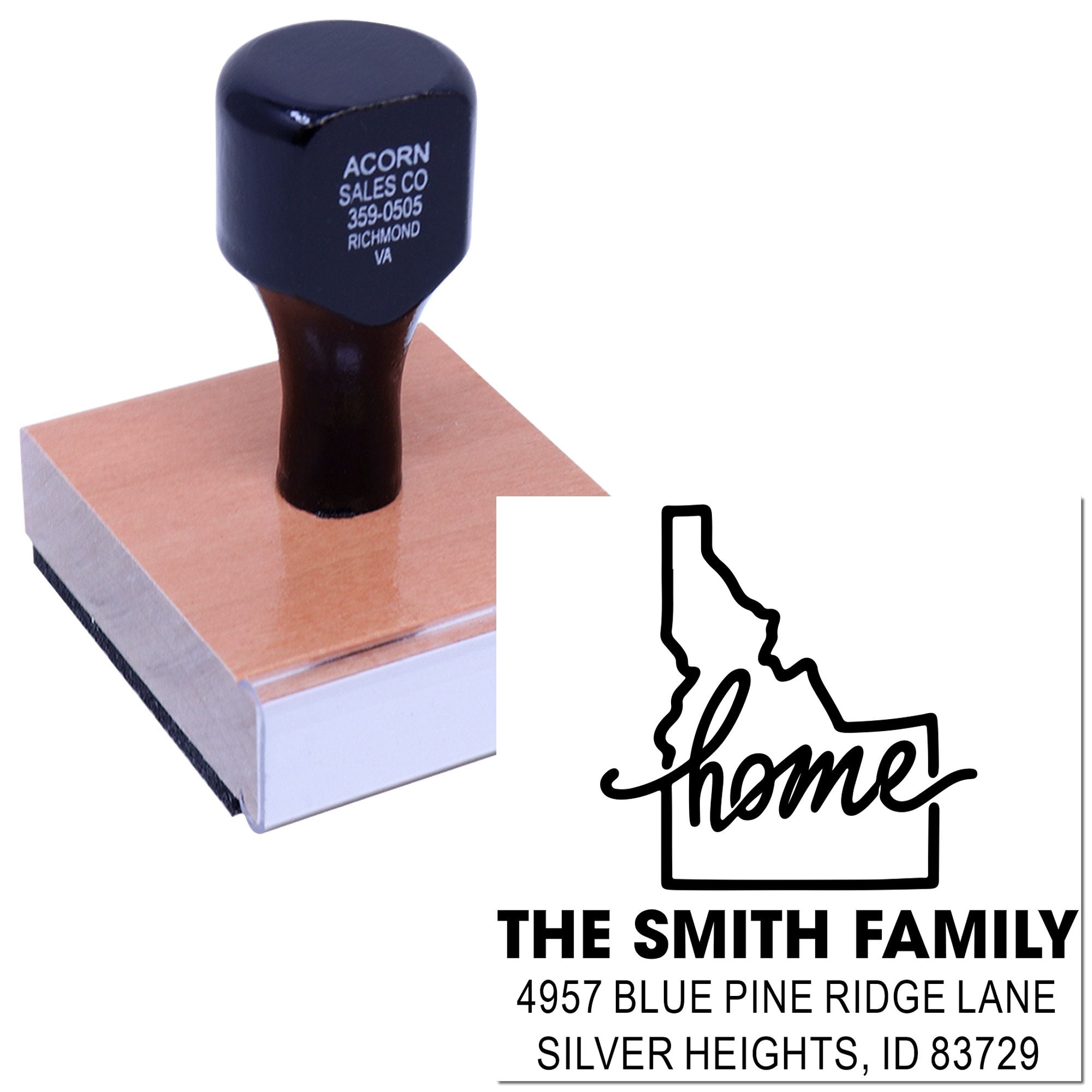 Custom rubber stamp for return addresses, featuring Idaho home design and personalized family name.