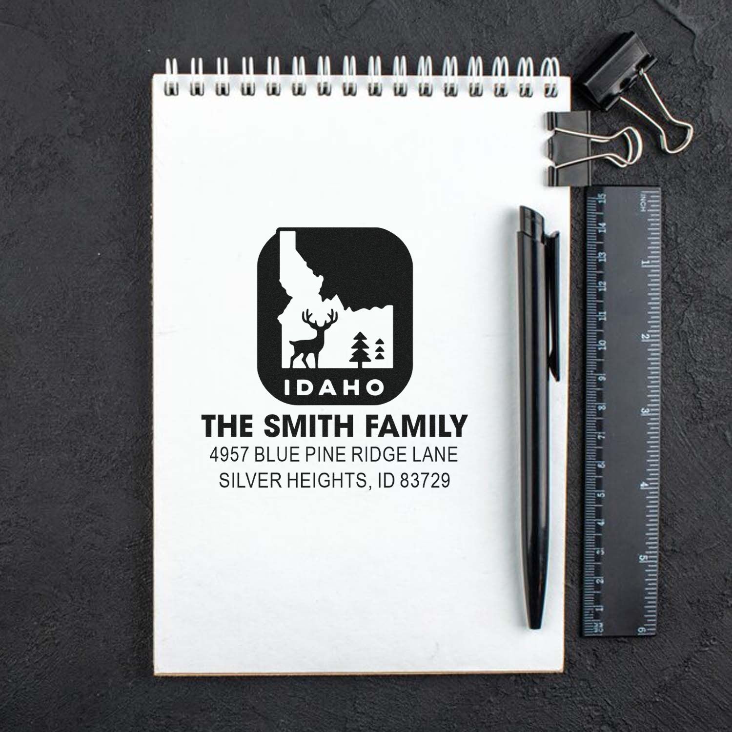 Personalized Idaho return address rubber stamp with deer design for family envelopes, cards, and holiday mail.