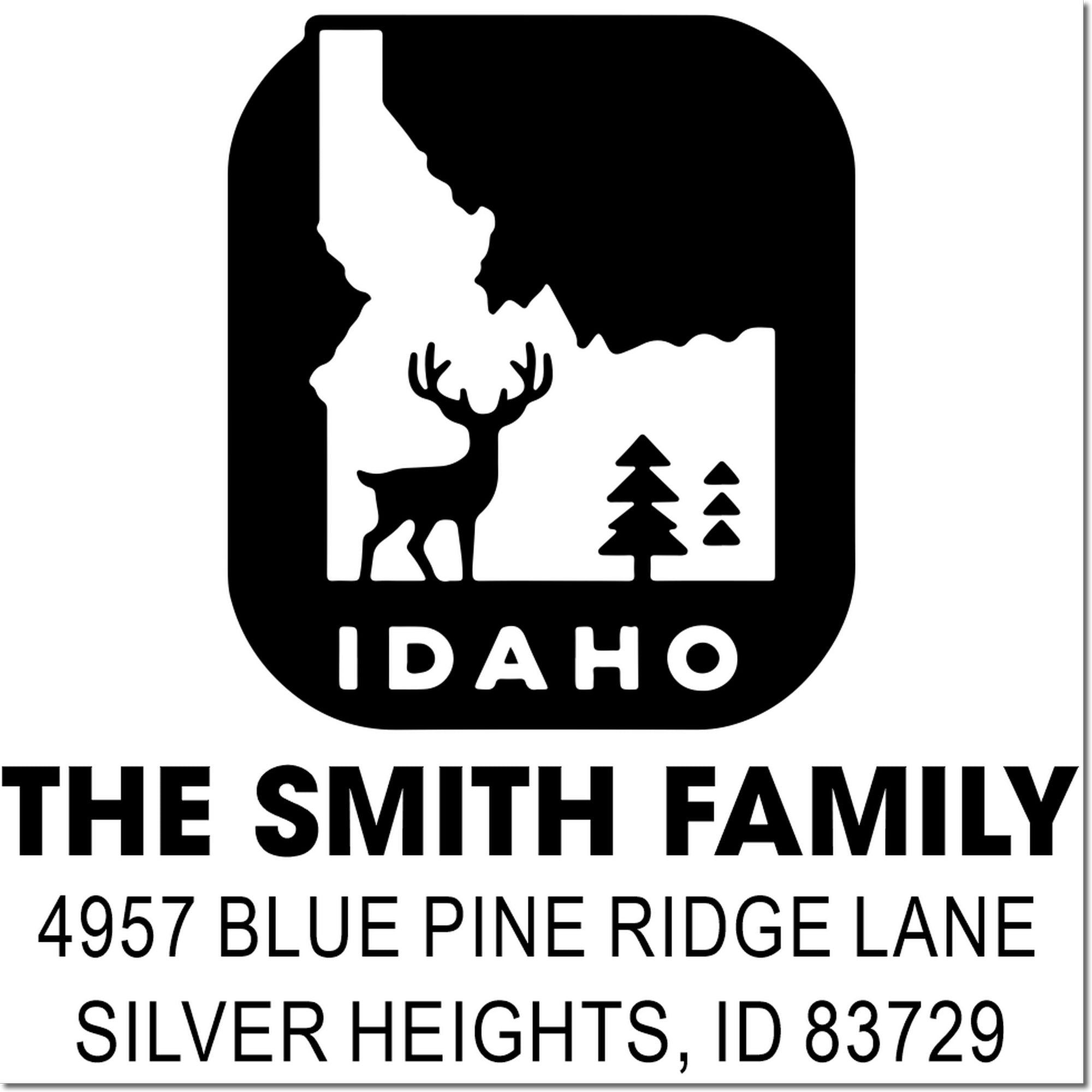 Personalized Idaho return address rubber stamp with deer and pine trees for The Smith Family, Silver Heights, ID 83729