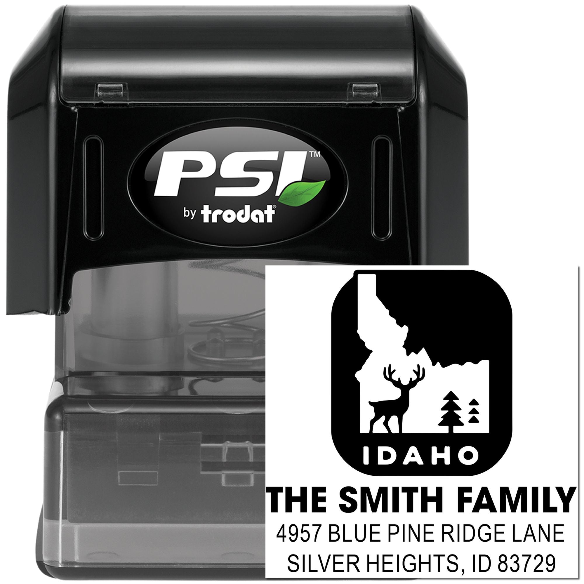 PSI Trodat personalized Idaho return address self-inking rubber stamp with deer design for The Smith Family
