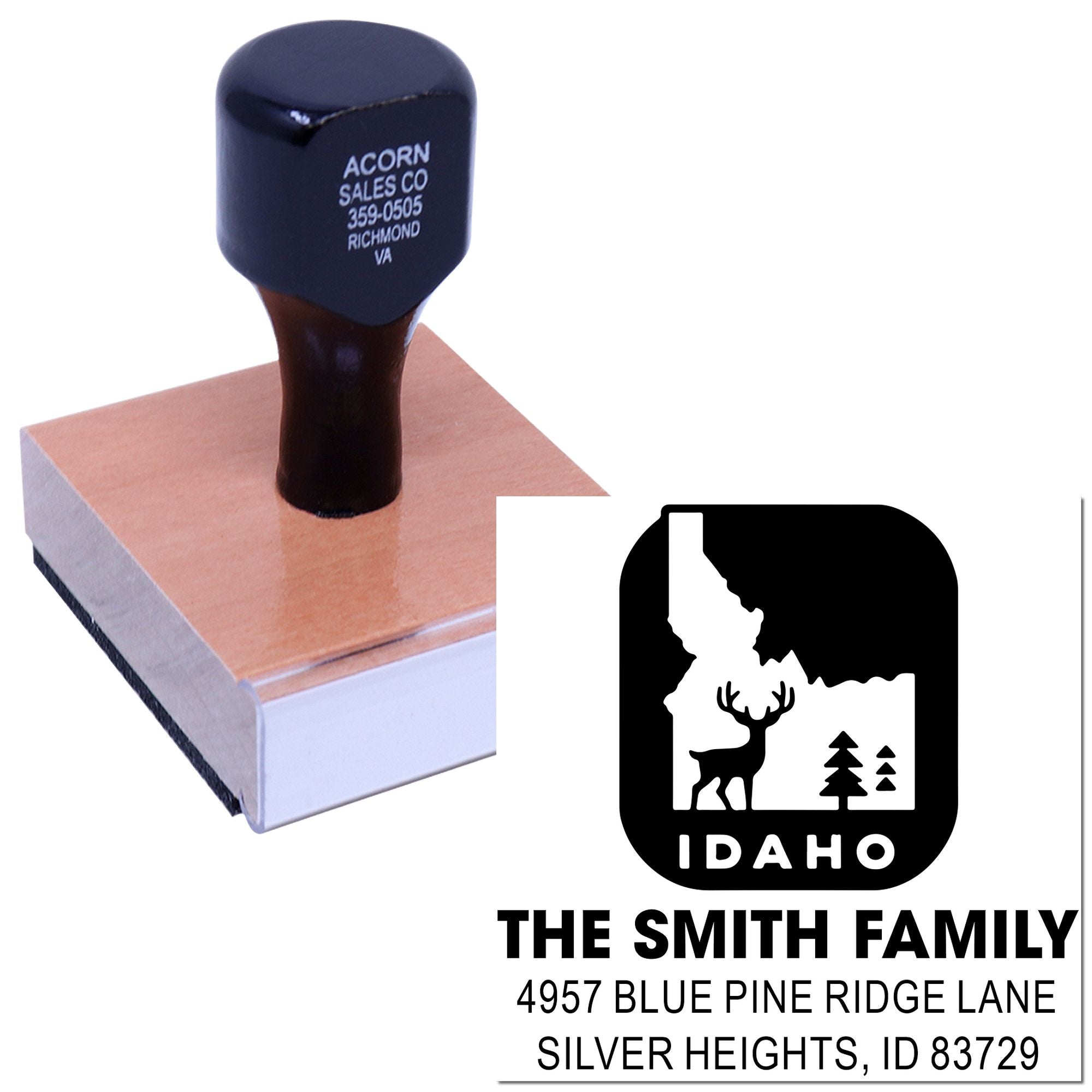 Custom Idaho return address rubber stamp with deer and pine design for personalized family mailing.