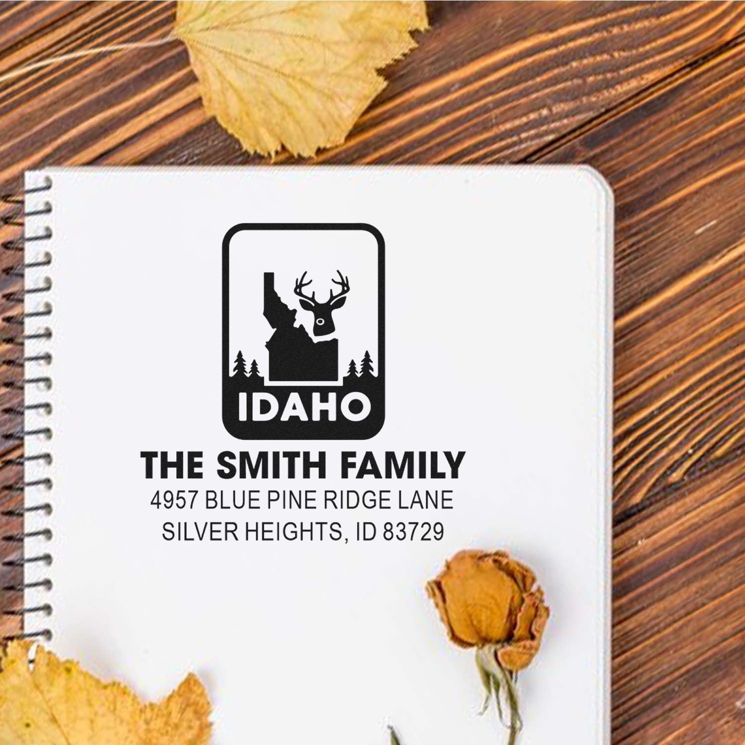 Personalized Idaho family address stamp with deer logo for custom rubber stamping on notebooks, mail, and gifts.
