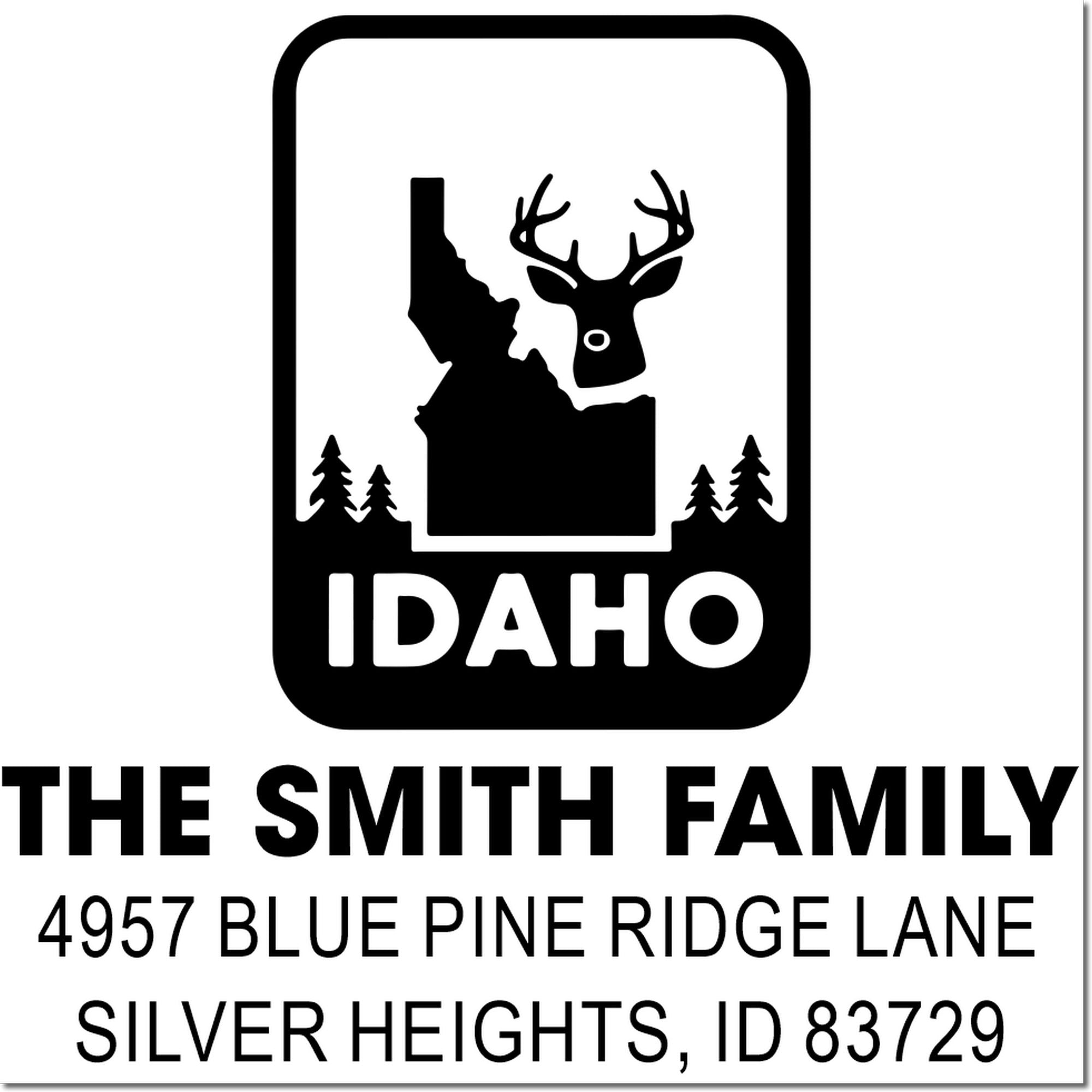 Custom Idaho return address rubber stamp with deer and pine logo for The Smith Family, Silver Heights, ID 83729.