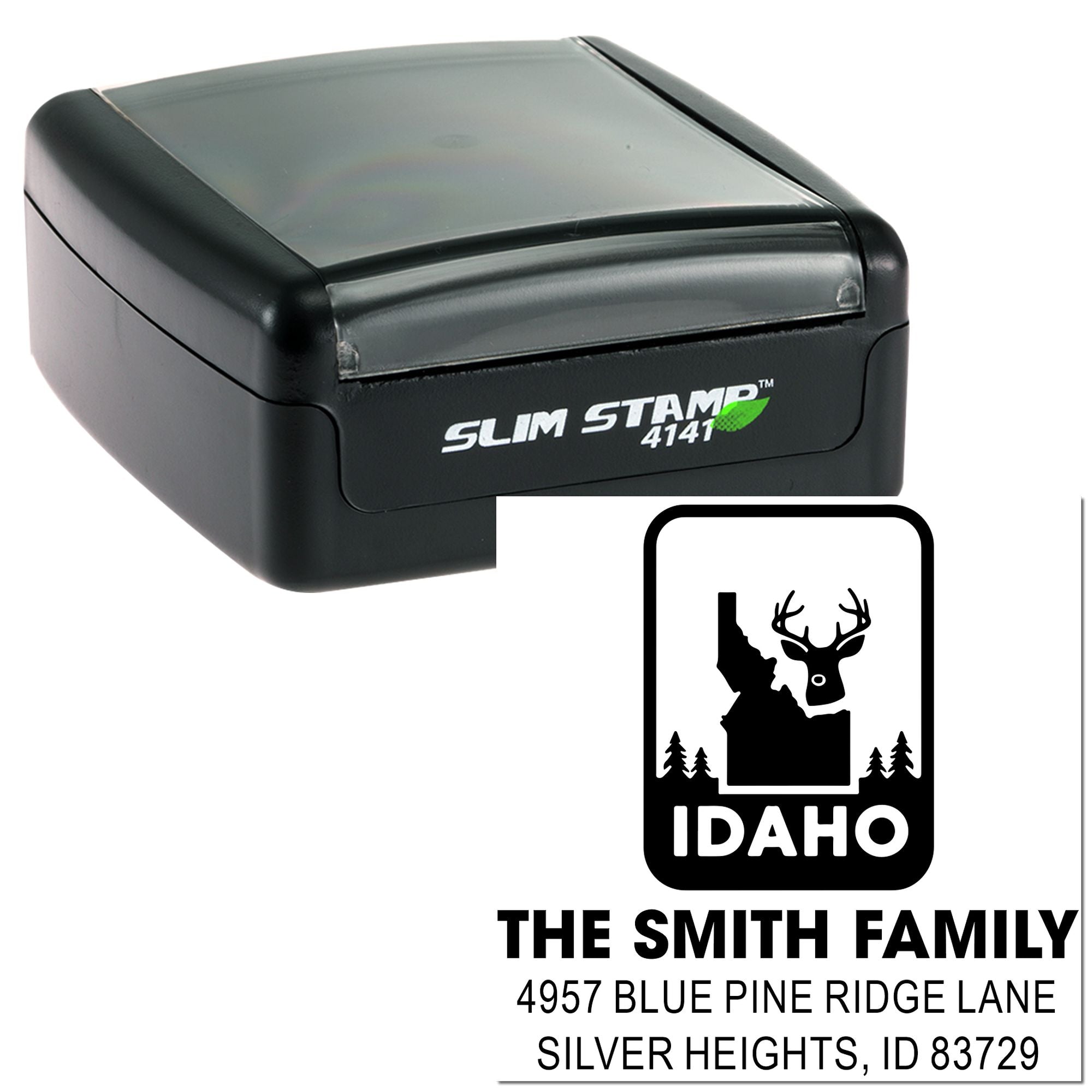 Custom Idaho family address rubber stamp with deer design for self-inking Slim Stamp 4141 personalized mailing labels