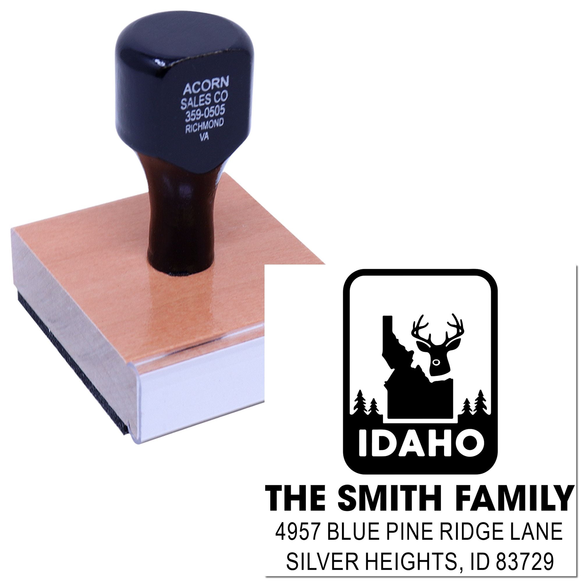 Custom Idaho return address rubber stamp with deer logo for The Smith Family and Silver Heights mailing labels.