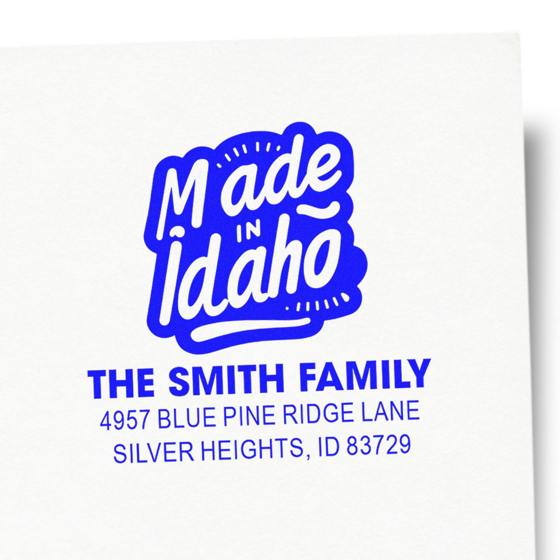 Custom Made in Idaho family return address rubber stamp with The Smith Family and Silver Heights, ID address.