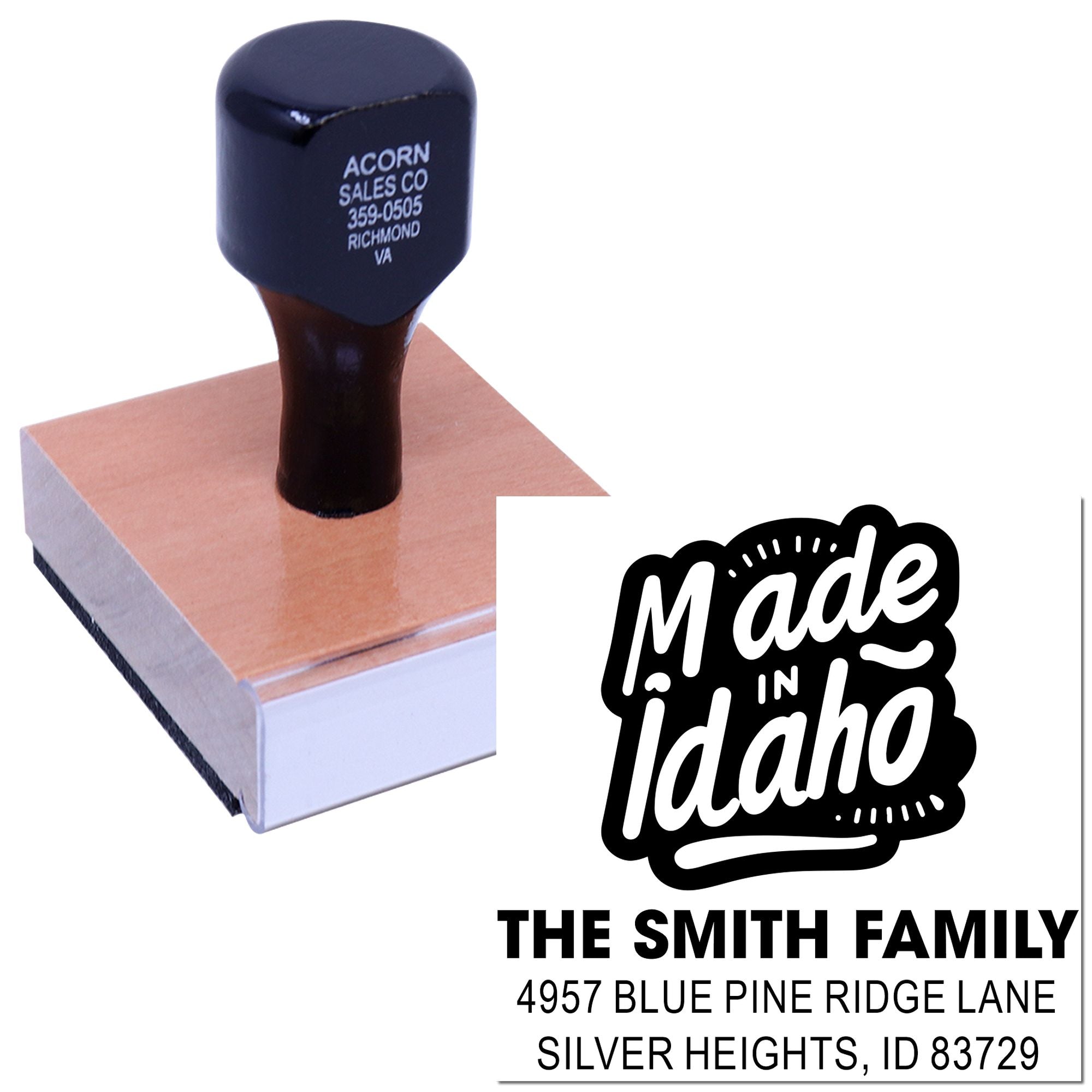 Custom Made in Idaho rubber address stamp for The Smith Family with personalized return address design.