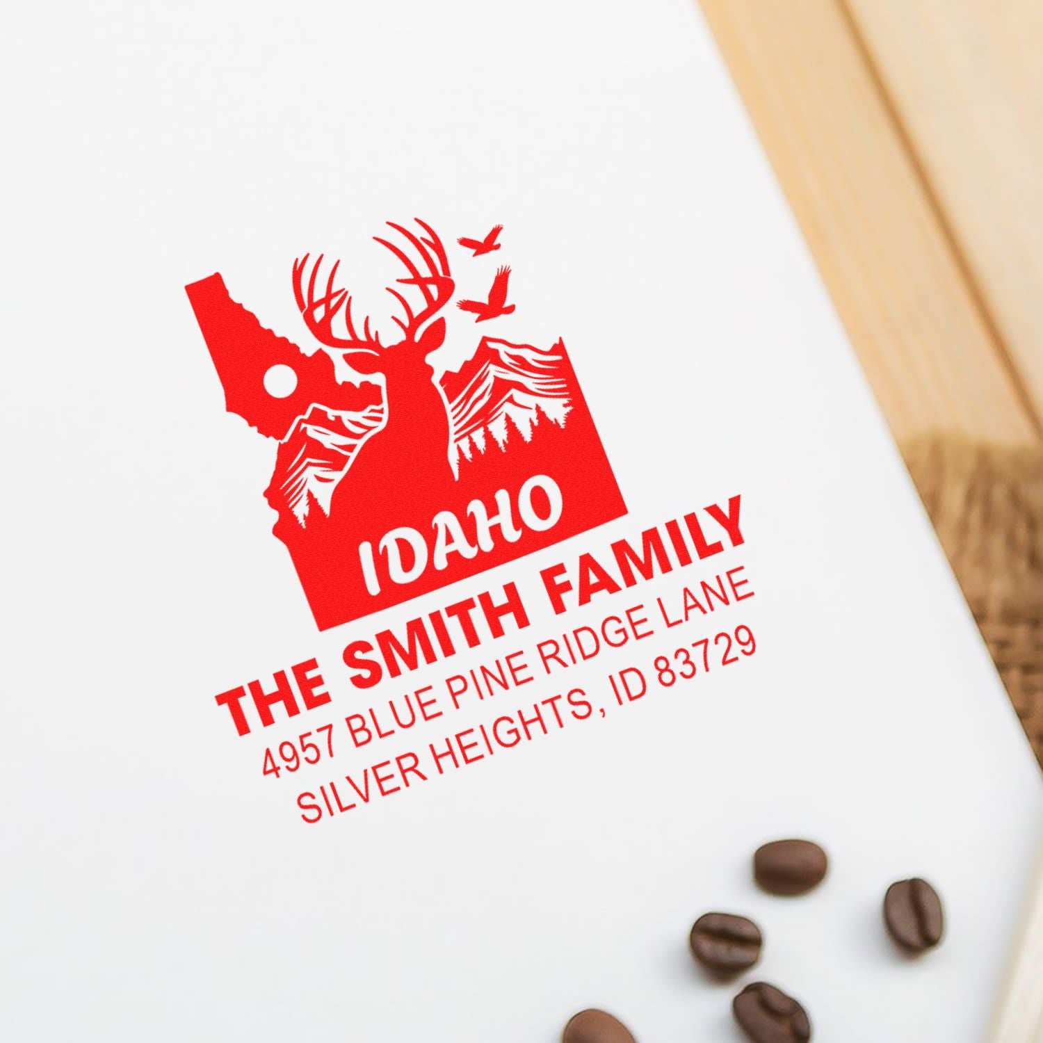 Custom Idaho family return address rubber stamp with deer and mountain design for personalized mailings