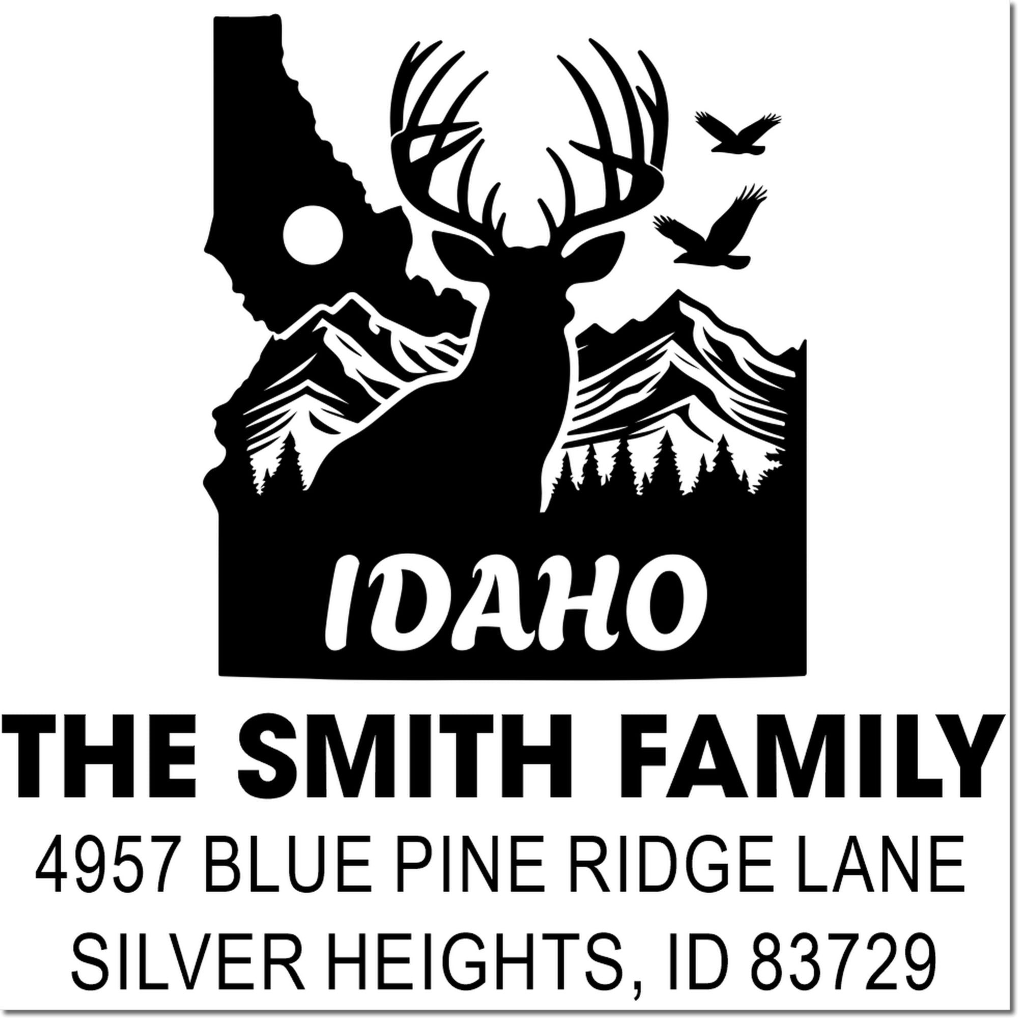 Custom Idaho return address rubber stamp with deer, mountains and birds for rustic family mailings