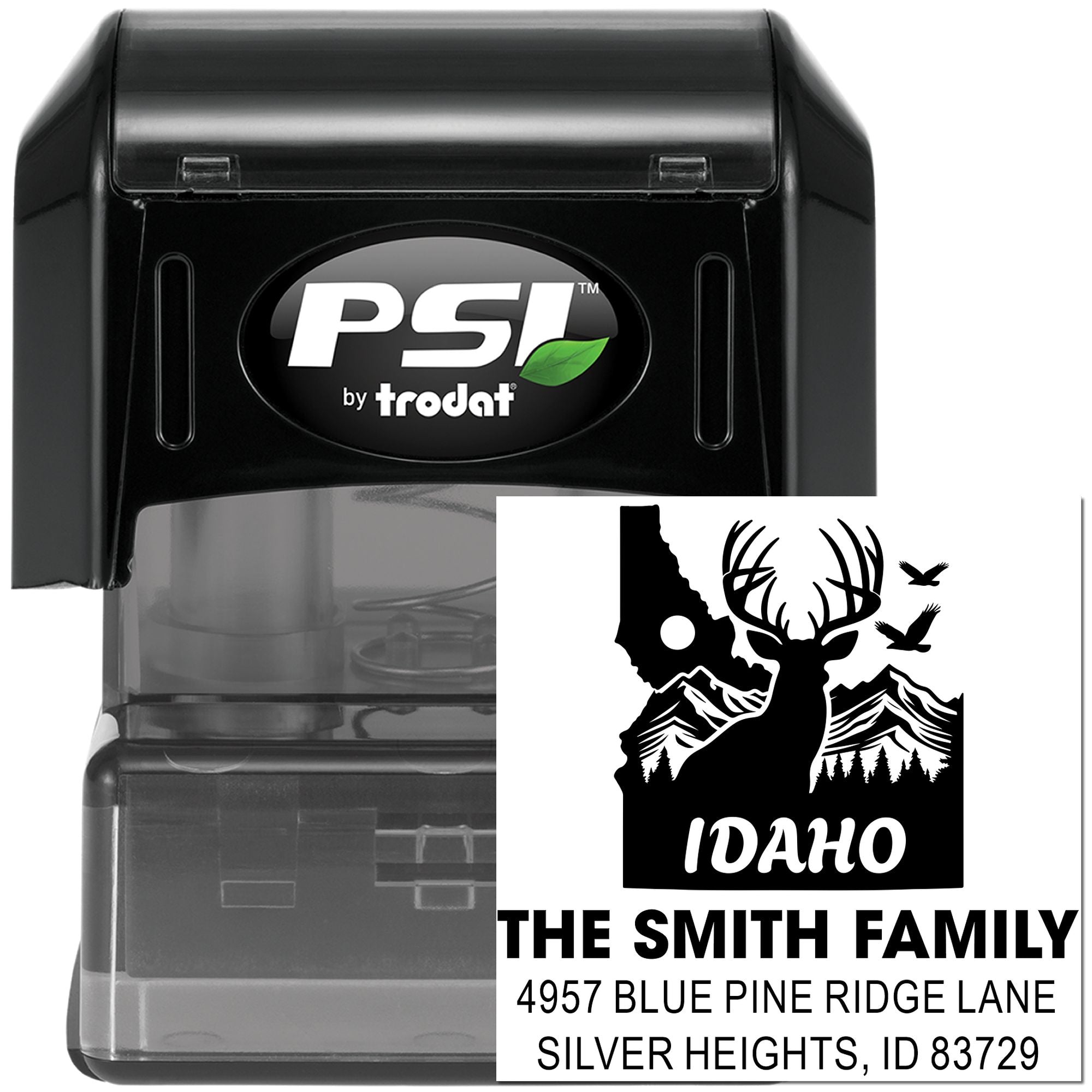 Custom Idaho self-inking return address rubber stamp by PSI Trodat, featuring deer, mountains, and family name design.