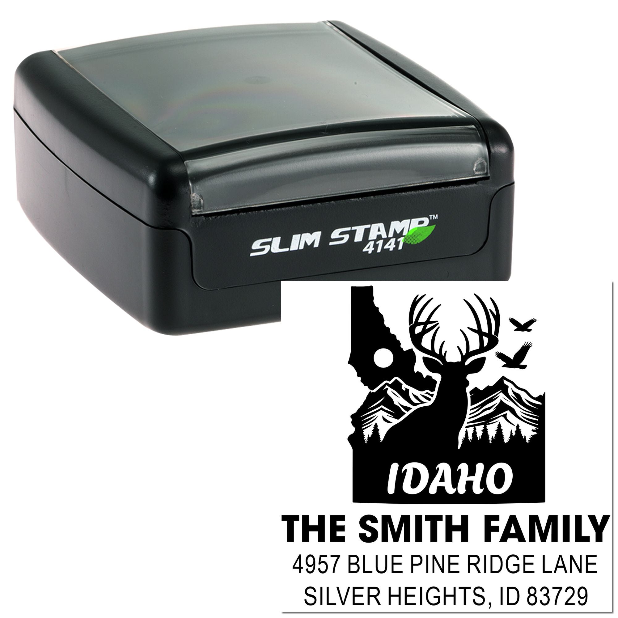 Slim Stamp 4141 self-inking custom rubber address stamp with Idaho deer design and personalized family return address imprint.