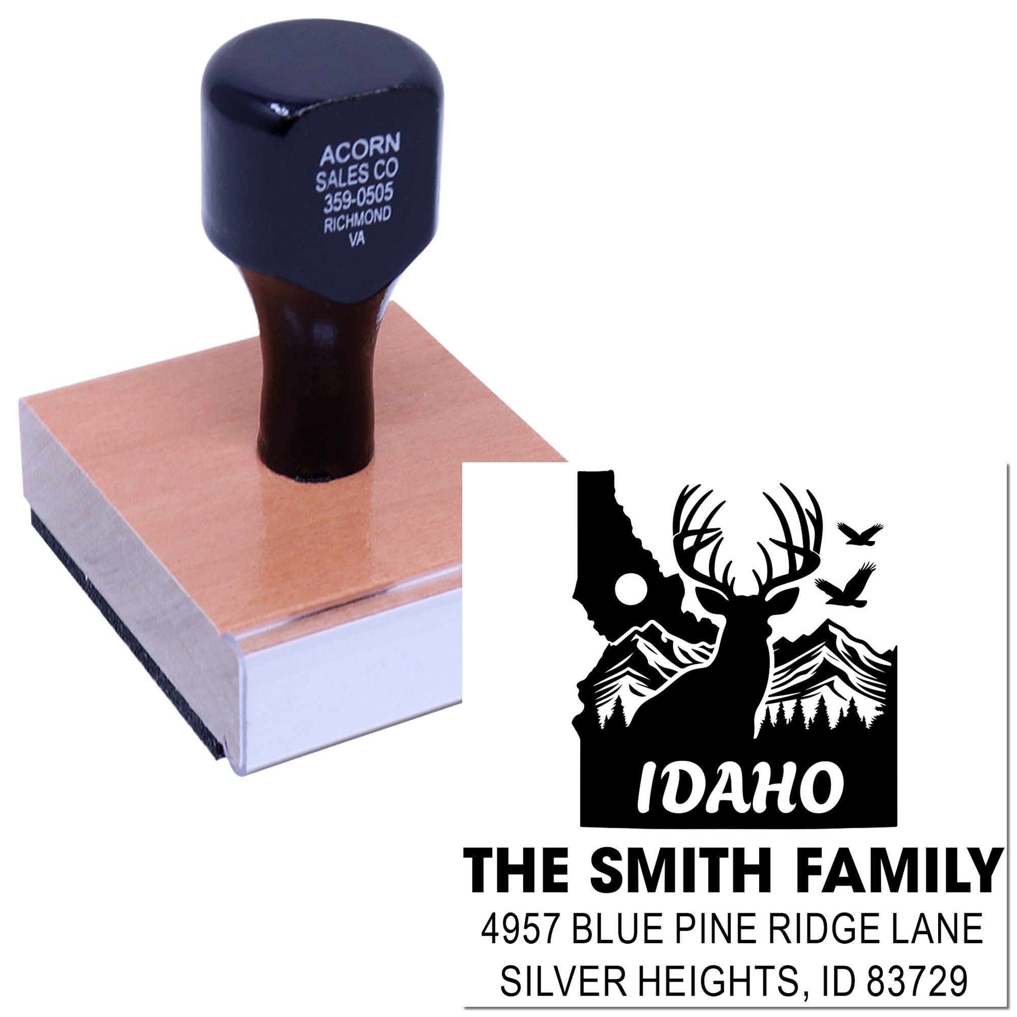 Custom self-inking rubber stamp with Idaho family address design for personalized return mail and envelopes.