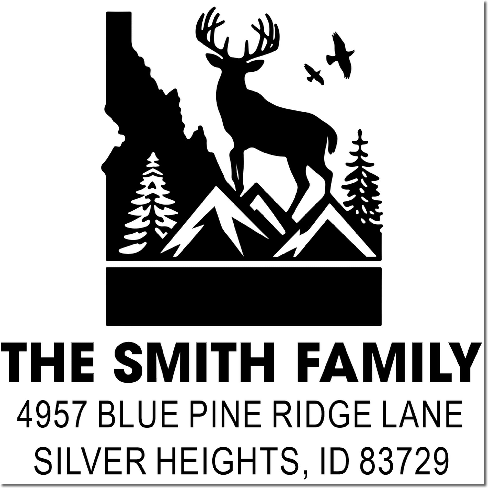 Custom family rubber address stamp with deer, mountains, and pines for The Smith Family, Silver Heights, ID 83729.