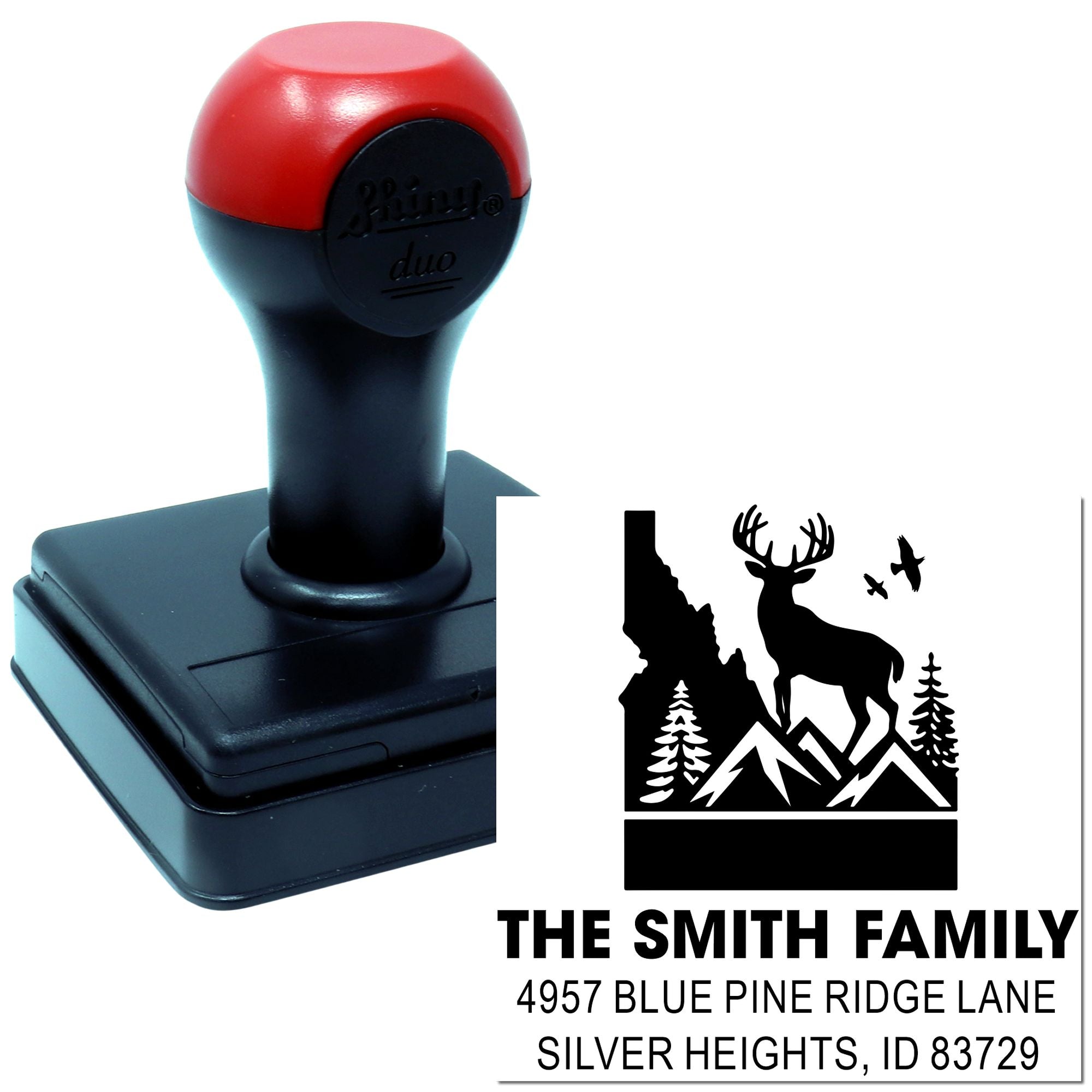 Personalized custom address rubber stamp with mountain deer design for The Smith Family, Silver Heights, ID return address.
