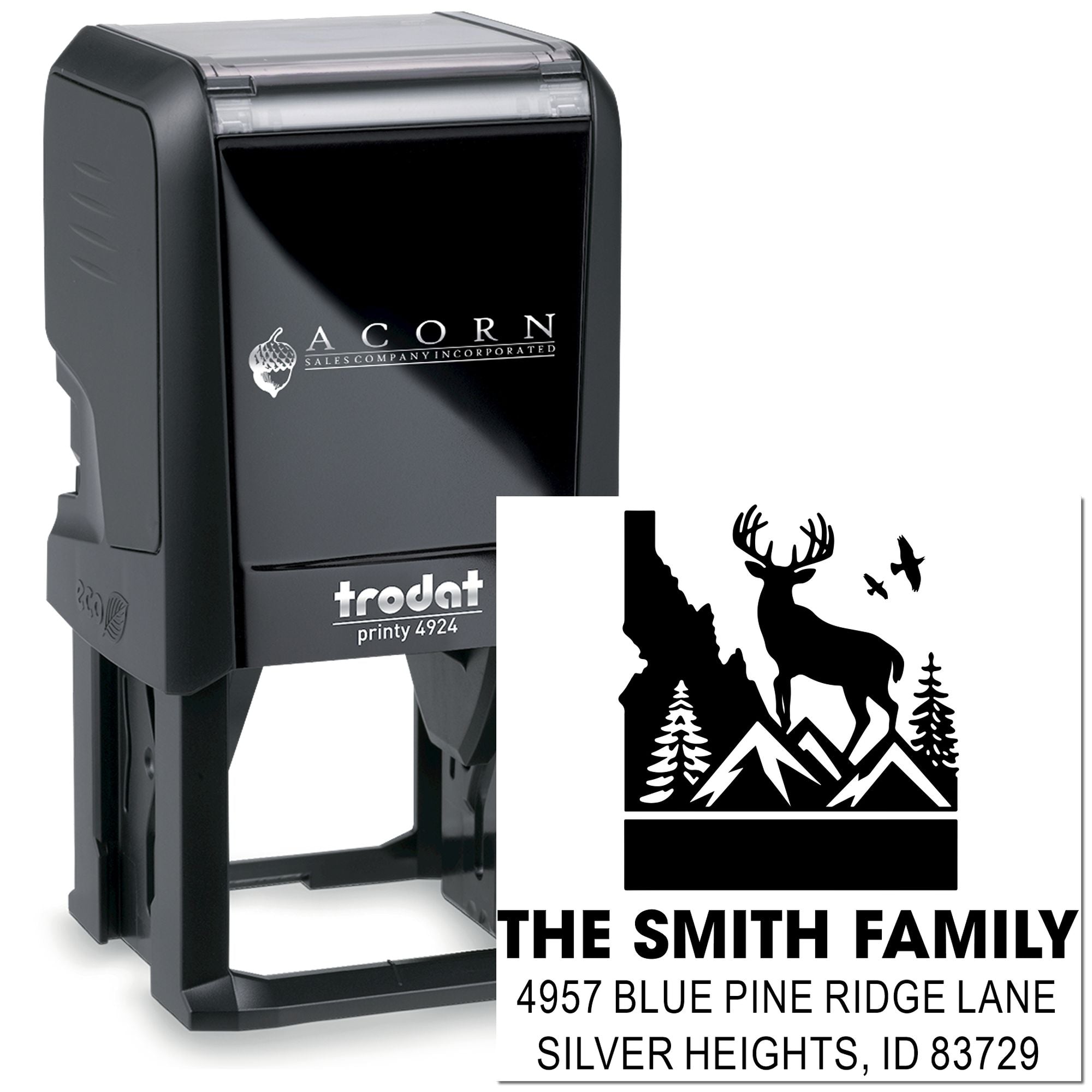 Trodat self-inking custom address rubber stamp with deer and mountain design for The Smith Family.