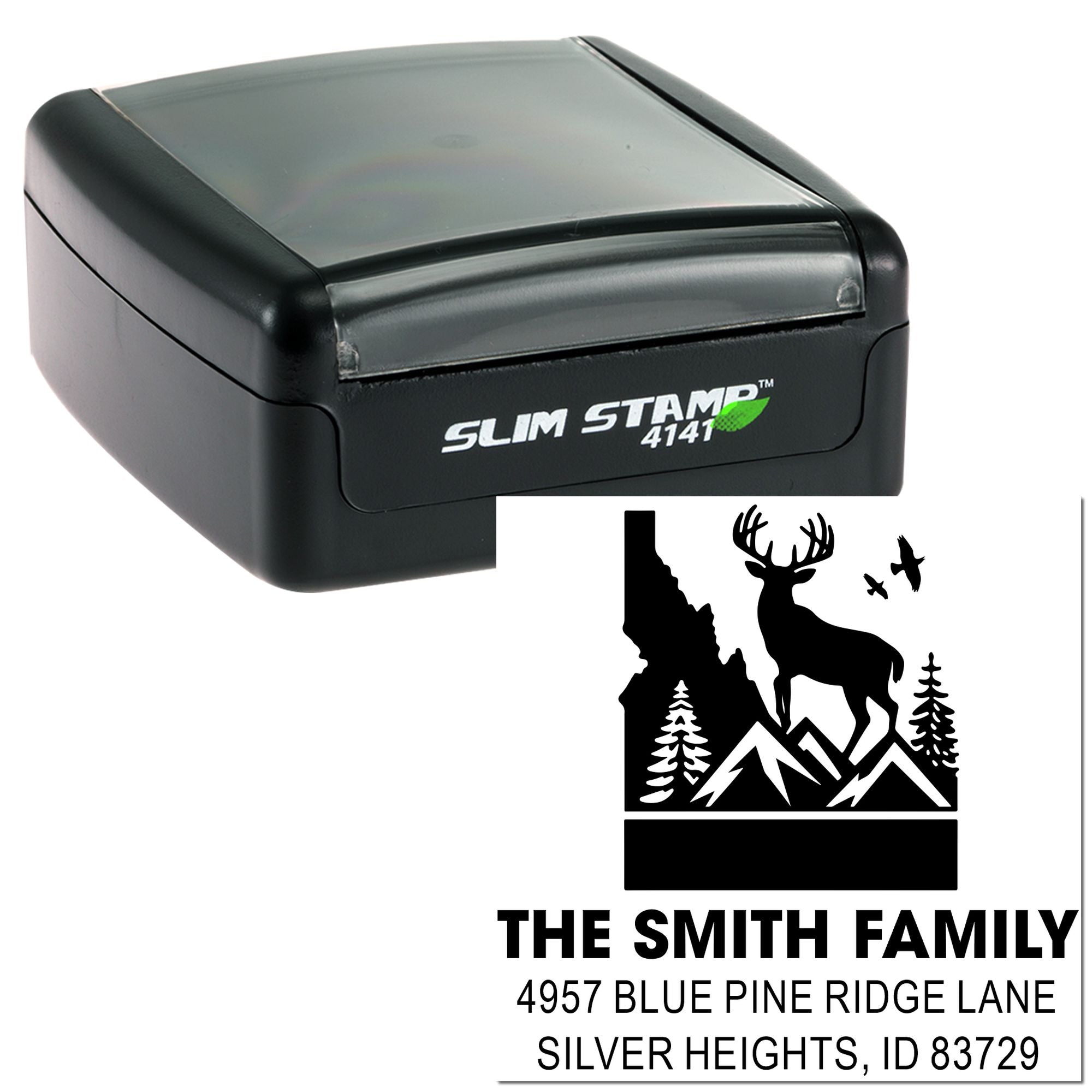 Custom self-inking return address rubber stamp with deer, mountains, and The Smith Family address imprint.